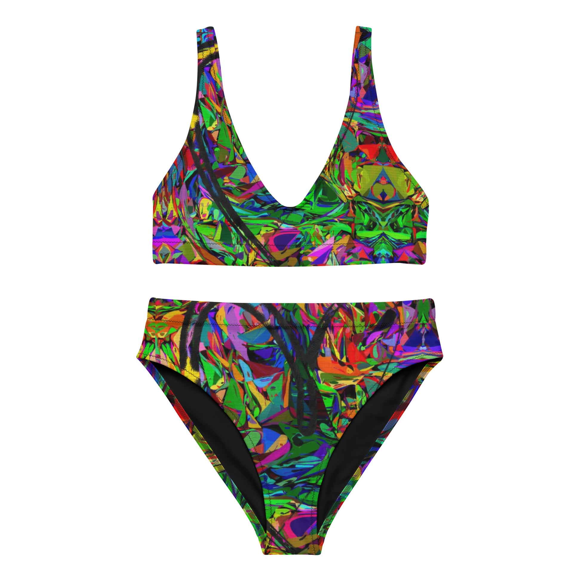 Recycled high-waisted bikini with abstract neon print – Neon Mythos by Hipyfi Clothes & Design Front-3