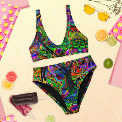 Recycled high-waisted bikini with abstract neon print – Neon Mythos by Hipyfi Clothes & Design Front-2
