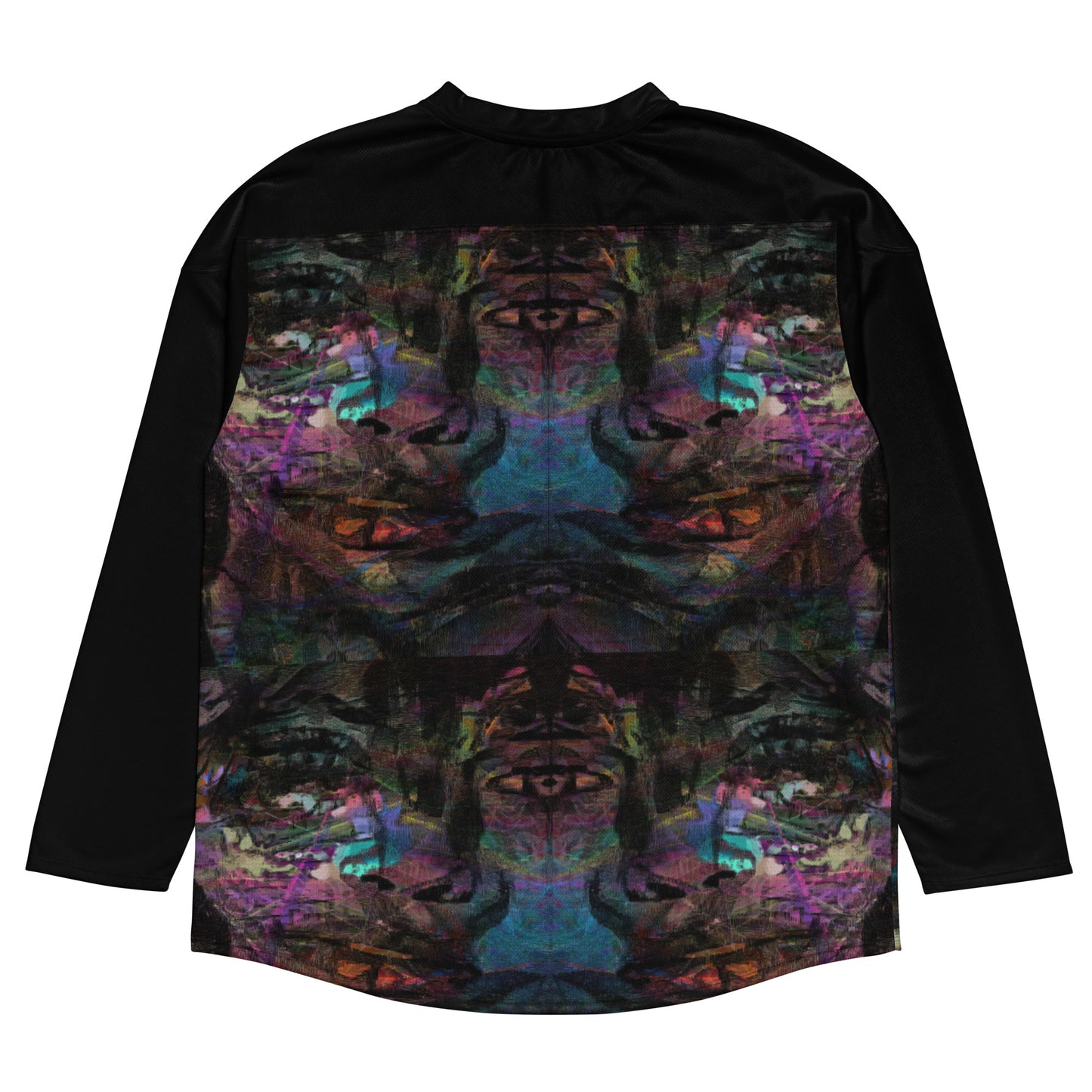 Unisex Chromatic Dreams Eco-Friendly Hockey Jersey with vibrant abstract art print, made from recycled polyester by Hipyfi Clothes & Design. Back-8