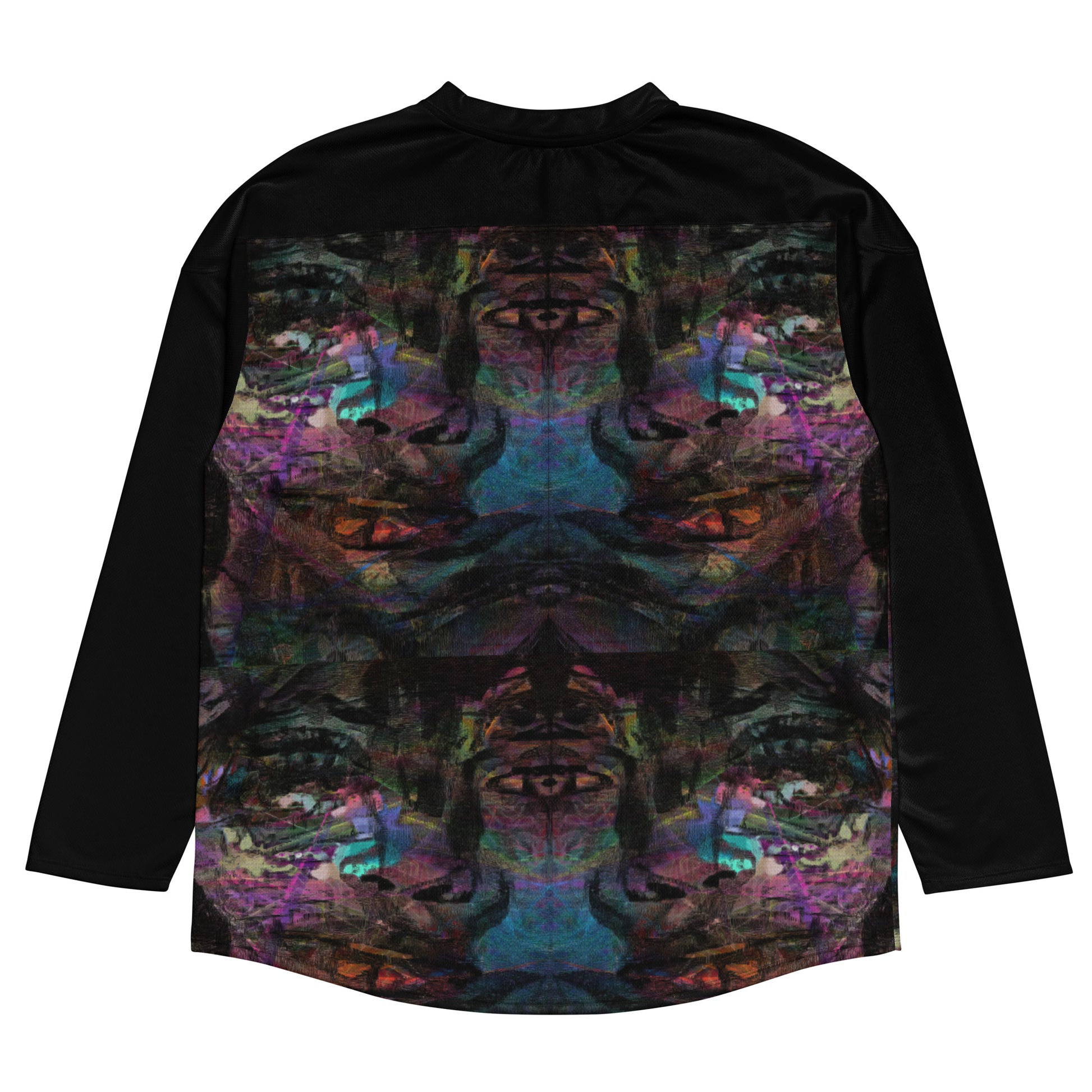 Unisex Chromatic Dreams Eco-Friendly Hockey Jersey with vibrant abstract art print, made from recycled polyester by Hipyfi Clothes & Design. Back-8