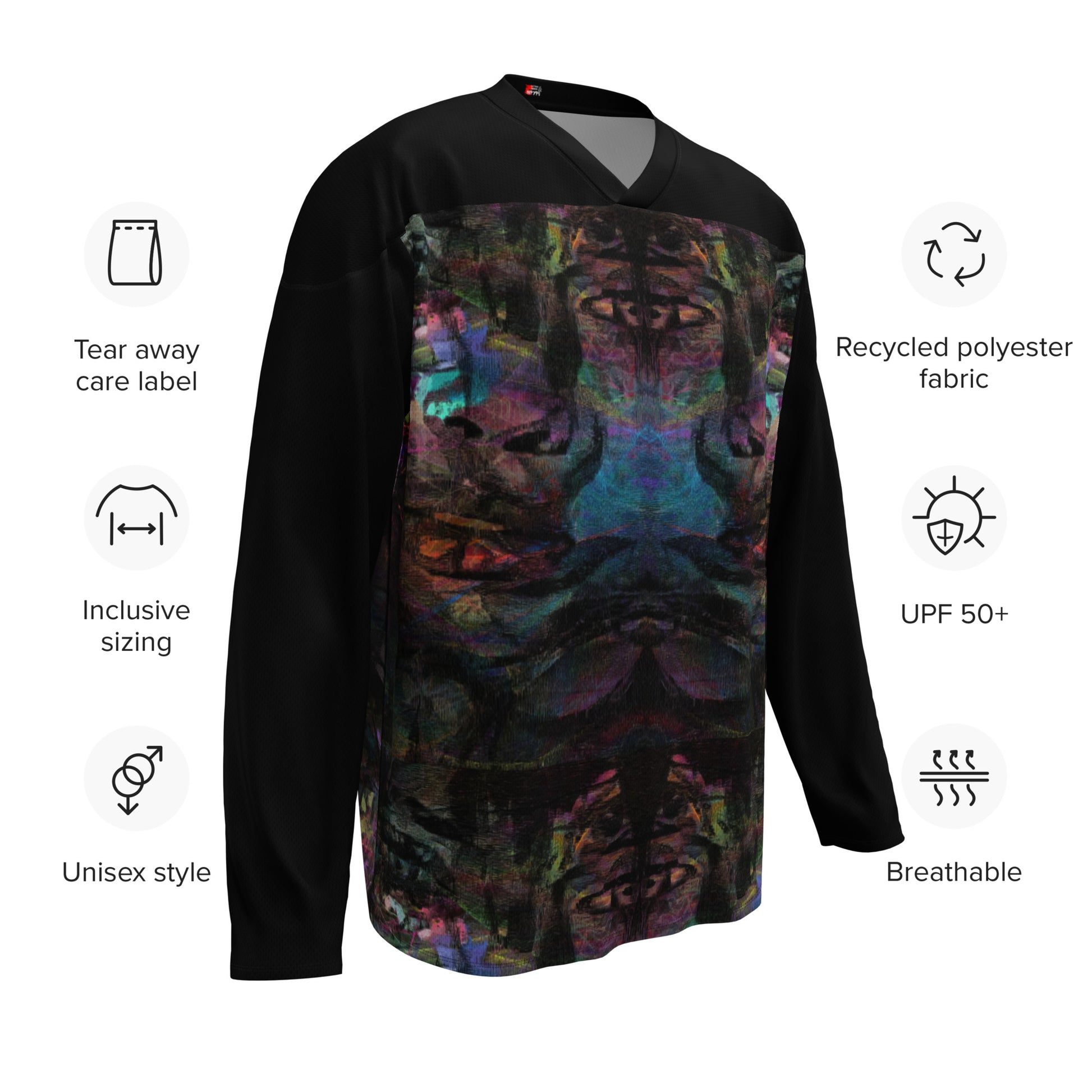 Unisex Chromatic Dreams Eco-Friendly Hockey Jersey with vibrant abstract art print, made from recycled polyester by Hipyfi Clothes & Design. product-info