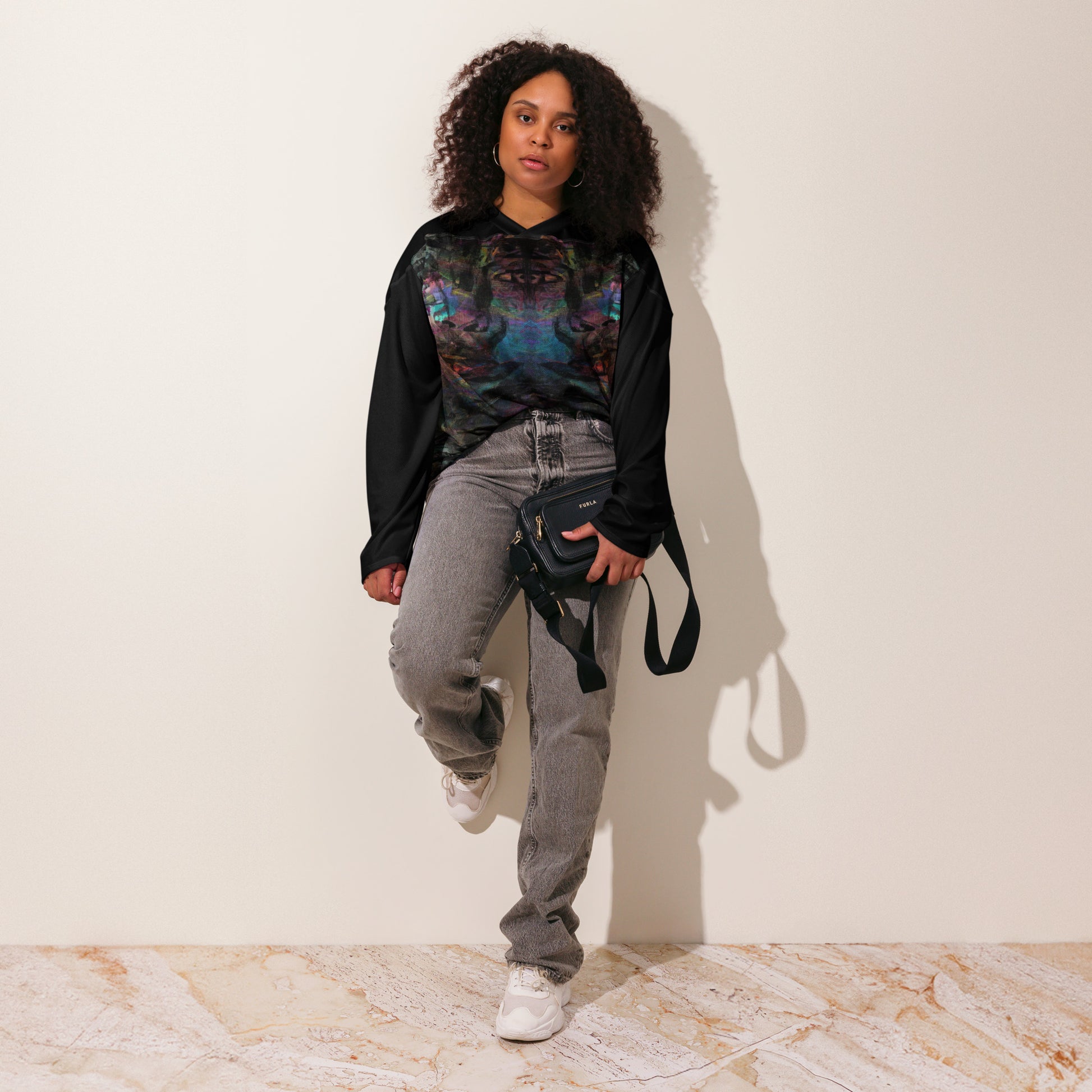 Unisex Chromatic Dreams Eco-Friendly Hockey Jersey with vibrant abstract art print, made from recycled polyester by Hipyfi Clothes & Design. Front