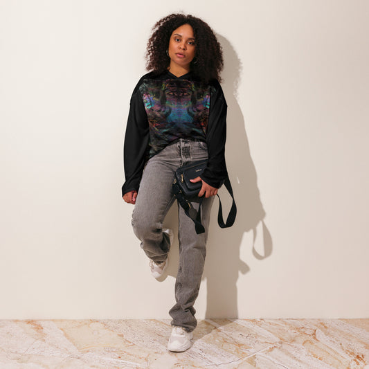 Unisex Chromatic Dreams Eco-Friendly Hockey Jersey with vibrant abstract art print, made from recycled polyester by Hipyfi Clothes & Design. Front