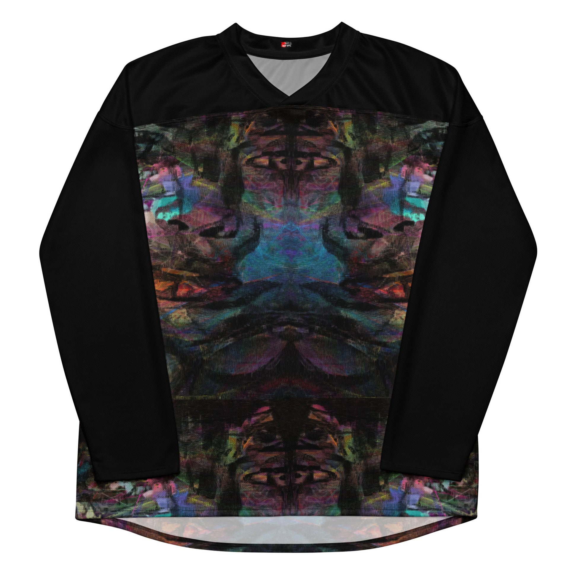 Unisex Chromatic Dreams Eco-Friendly Hockey Jersey with vibrant abstract art print, made from recycled polyester by Hipyfi Clothes & Design. Front-5