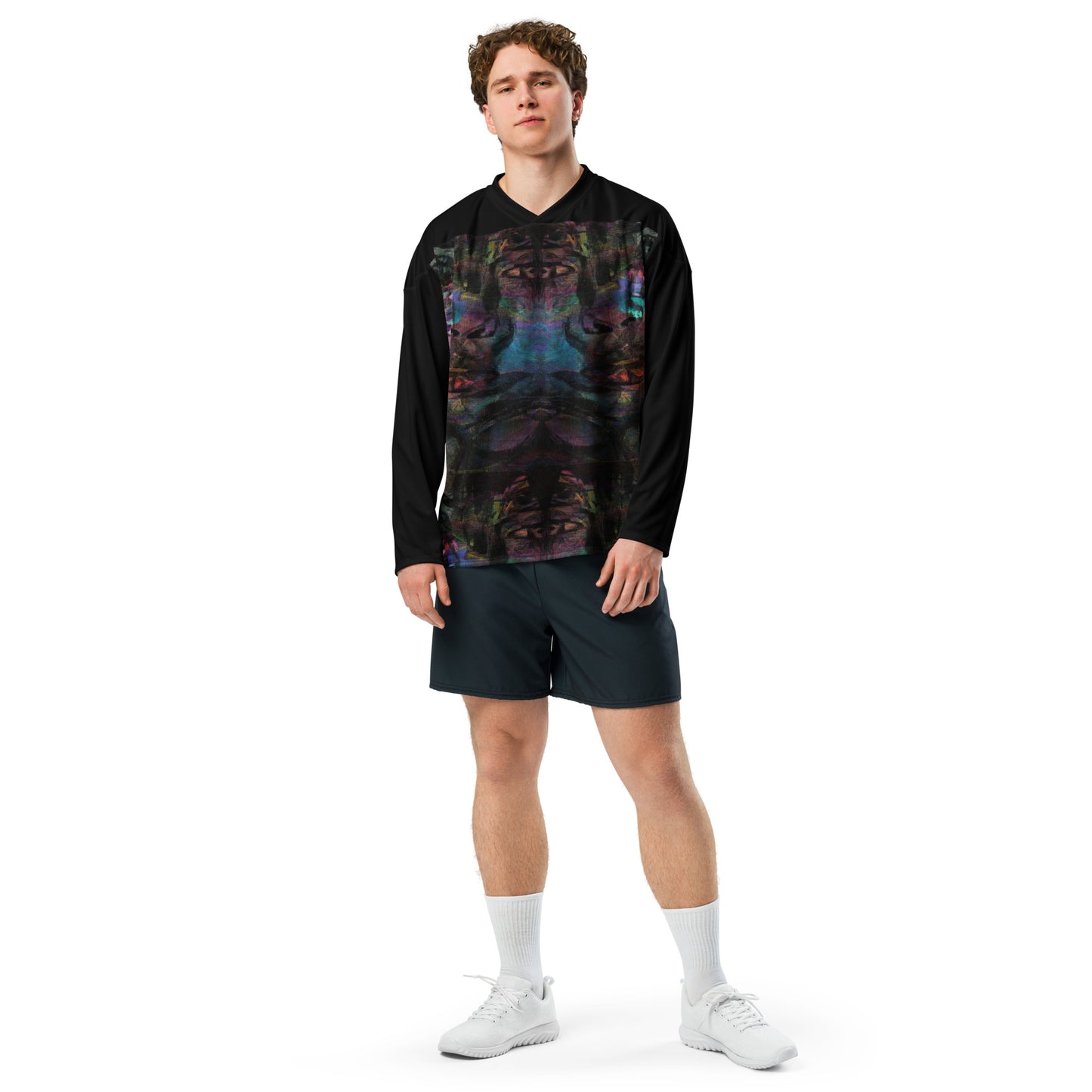 Unisex Chromatic Dreams Eco-Friendly Hockey Jersey with vibrant abstract art print, made from recycled polyester by Hipyfi Clothes & Design. Front-3