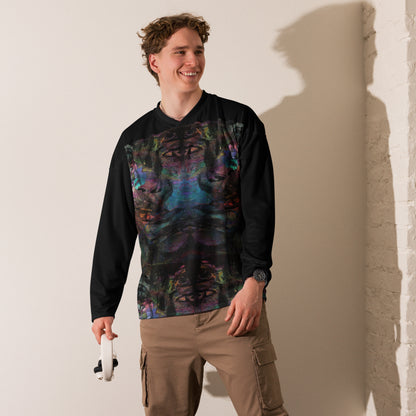 Unisex Chromatic Dreams Eco-Friendly Hockey Jersey with vibrant abstract art print, made from recycled polyester by Hipyfi Clothes & Design. Front-2