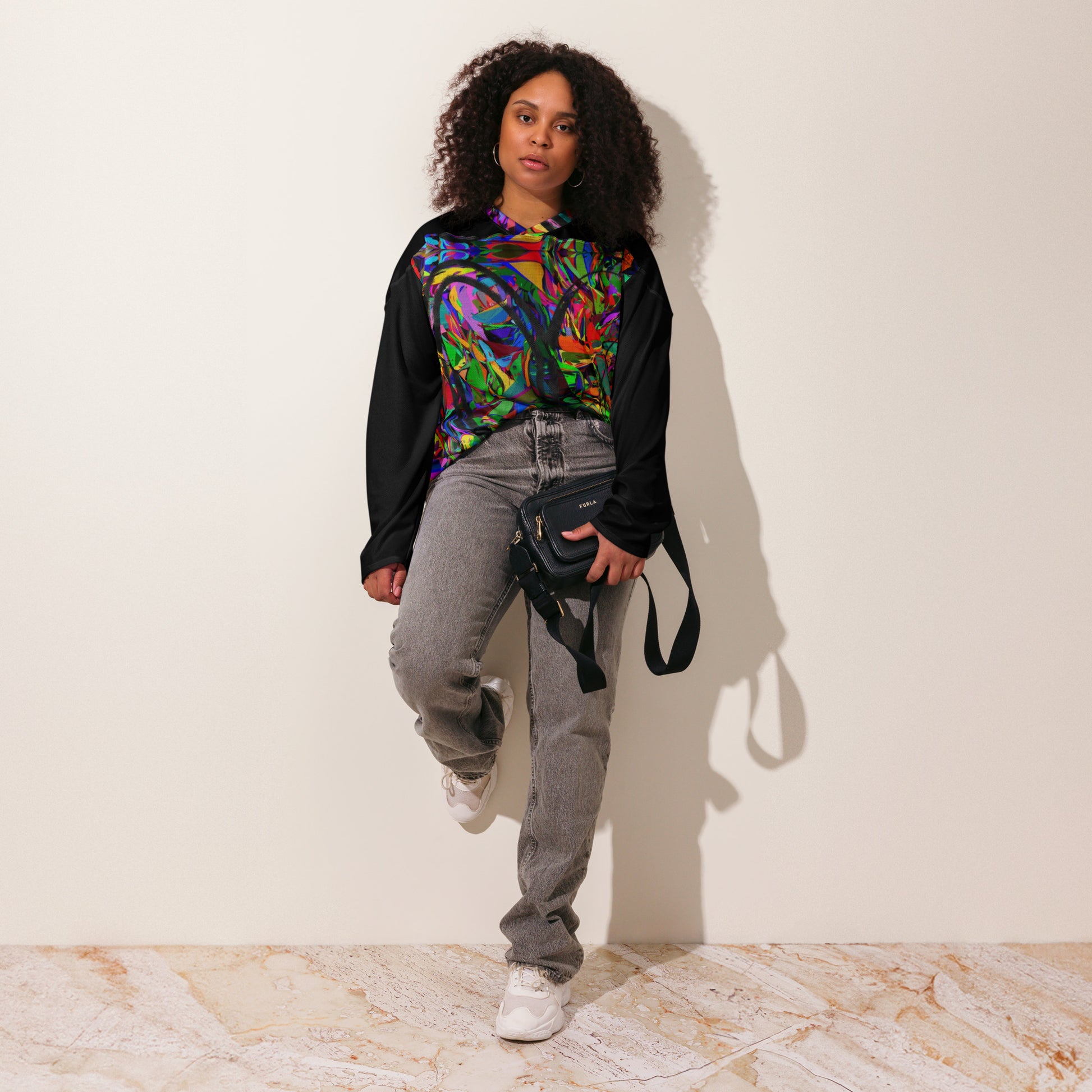 Neon Mythos Unisex Hockey Jersey with abstract vibrant digital print by Hipyfi – eco-friendly streetwear for fans Front -2