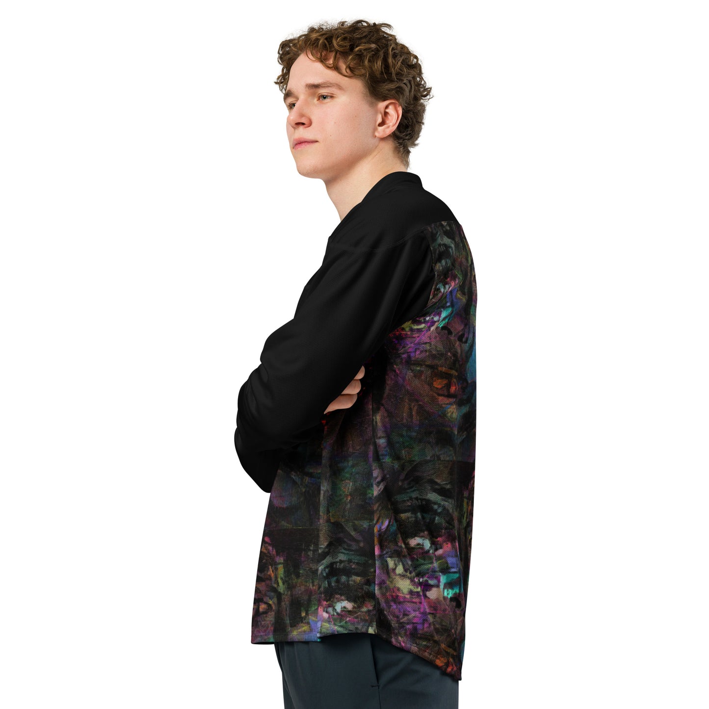 Unisex Chromatic Dreams Eco-Friendly Hockey Jersey with vibrant abstract art print, made from recycled polyester by Hipyfi Clothes & Design. Left