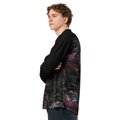 Unisex Chromatic Dreams Eco-Friendly Hockey Jersey with vibrant abstract art print, made from recycled polyester by Hipyfi Clothes & Design. Left