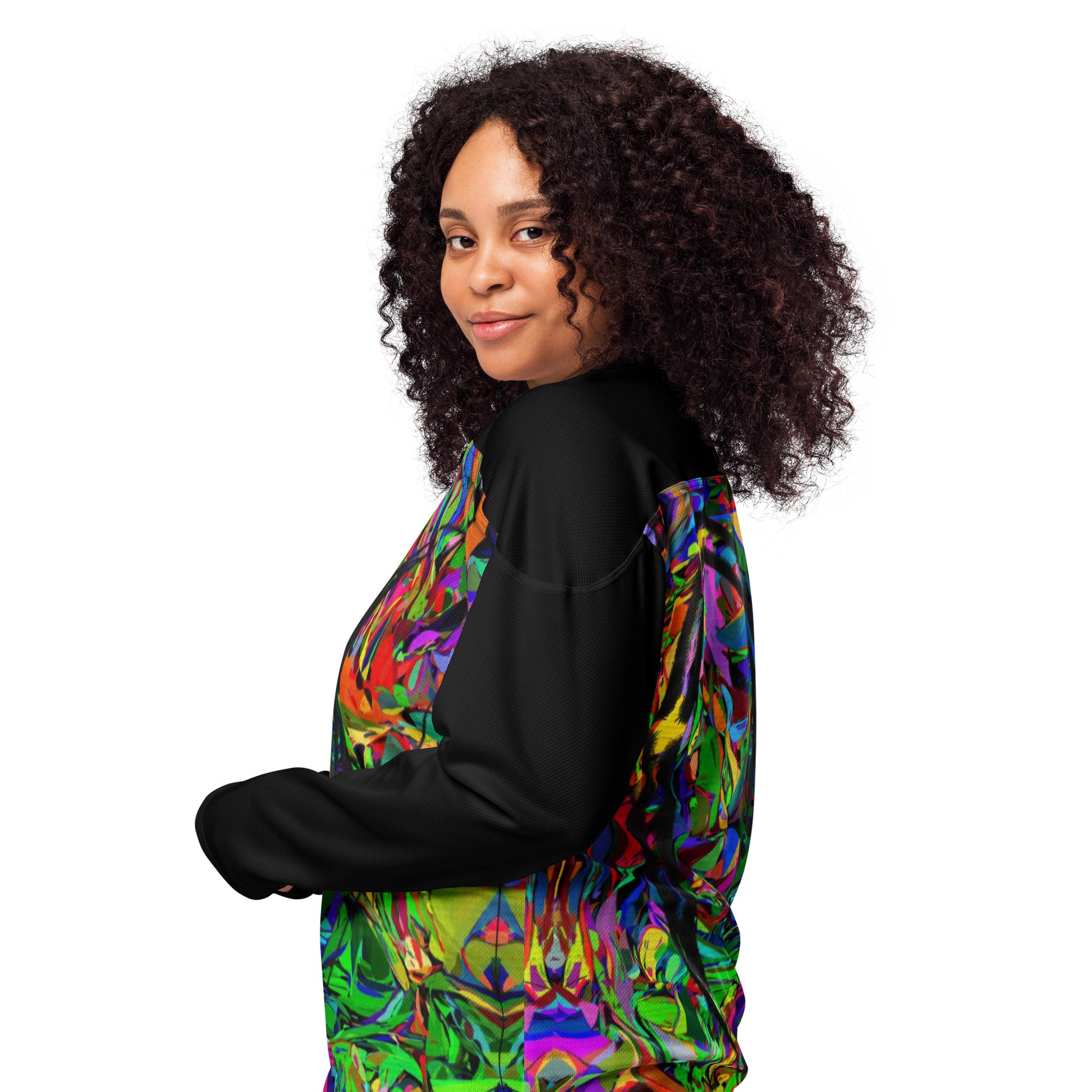 Neon Mythos Unisex Hockey Jersey with abstract vibrant digital print by Hipyfi – eco-friendly streetwear for fans Left-2