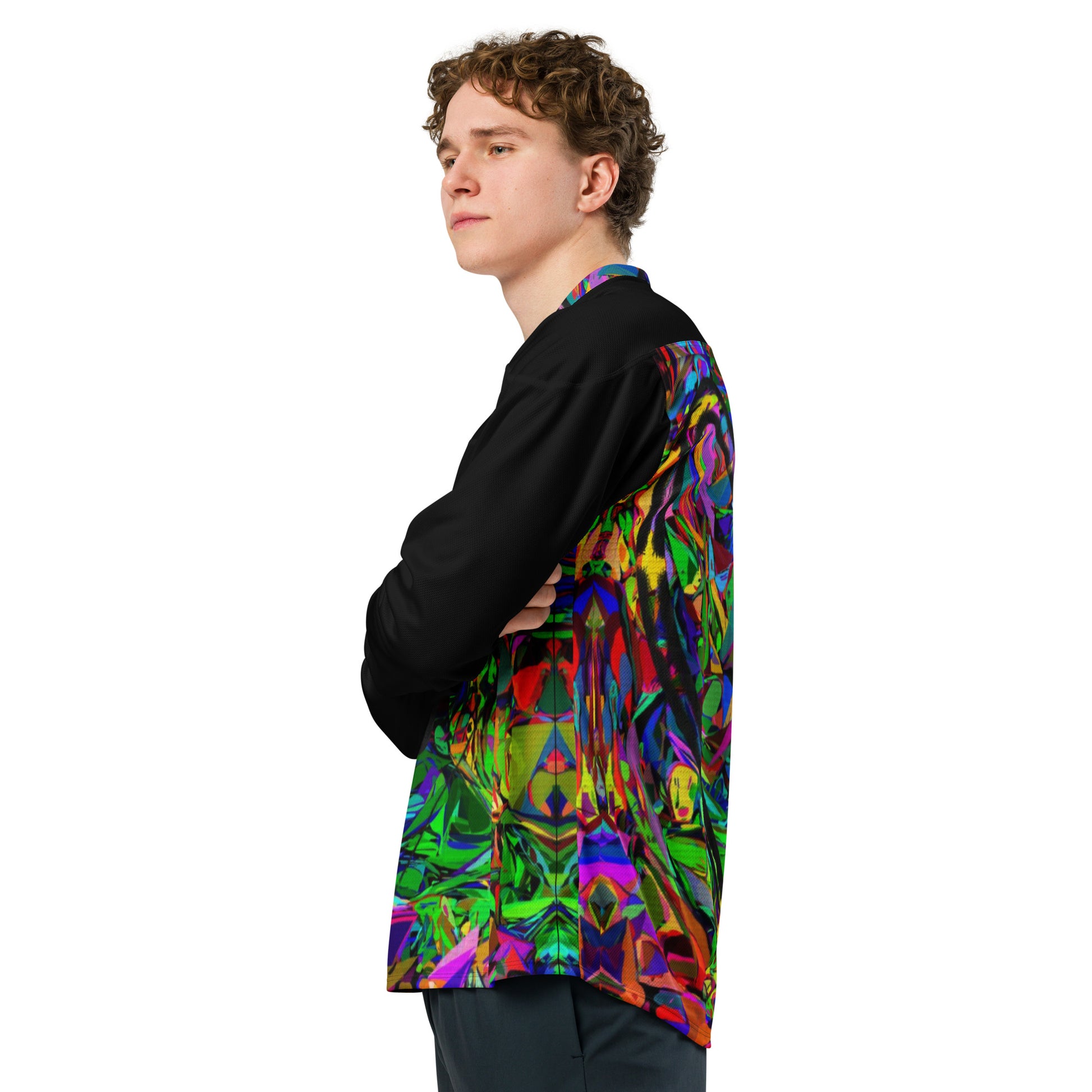 Neon Mythos Unisex Hockey Jersey with abstract vibrant digital print by Hipyfi – eco-friendly streetwear for fans Left