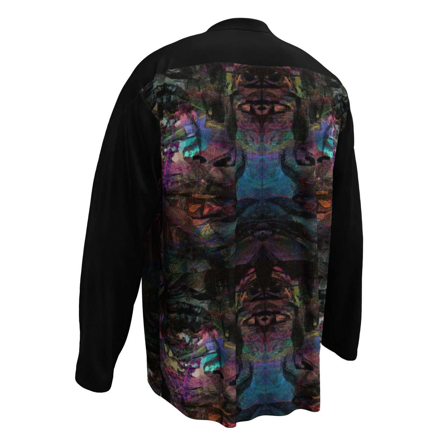 Unisex Chromatic Dreams Eco-Friendly Hockey Jersey with vibrant abstract art print, made from recycled polyester by Hipyfi Clothes & Design. Left-back