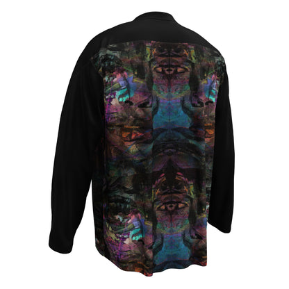 Unisex Chromatic Dreams Eco-Friendly Hockey Jersey with vibrant abstract art print, made from recycled polyester by Hipyfi Clothes & Design. Left-back
