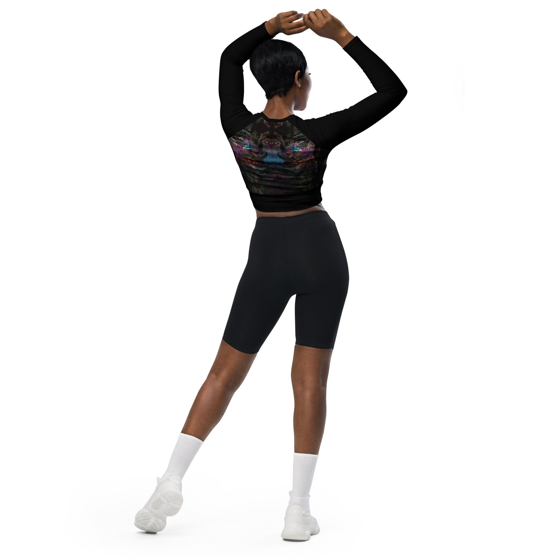 Abstract vibrant print women's long-sleeve crop top, featuring a double-layered waistband and UPF 50+ recycled fabric. Sustainable design by Hipyfi. back-2