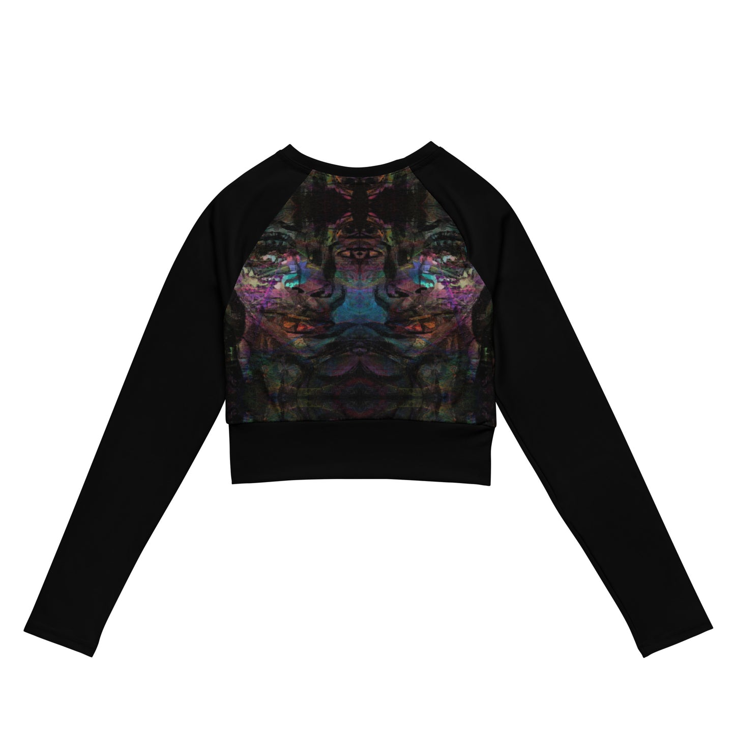Abstract vibrant print women's long-sleeve crop top, featuring a double-layered waistband and UPF 50+ recycled fabric. Sustainable design by Hipyfi. back-4