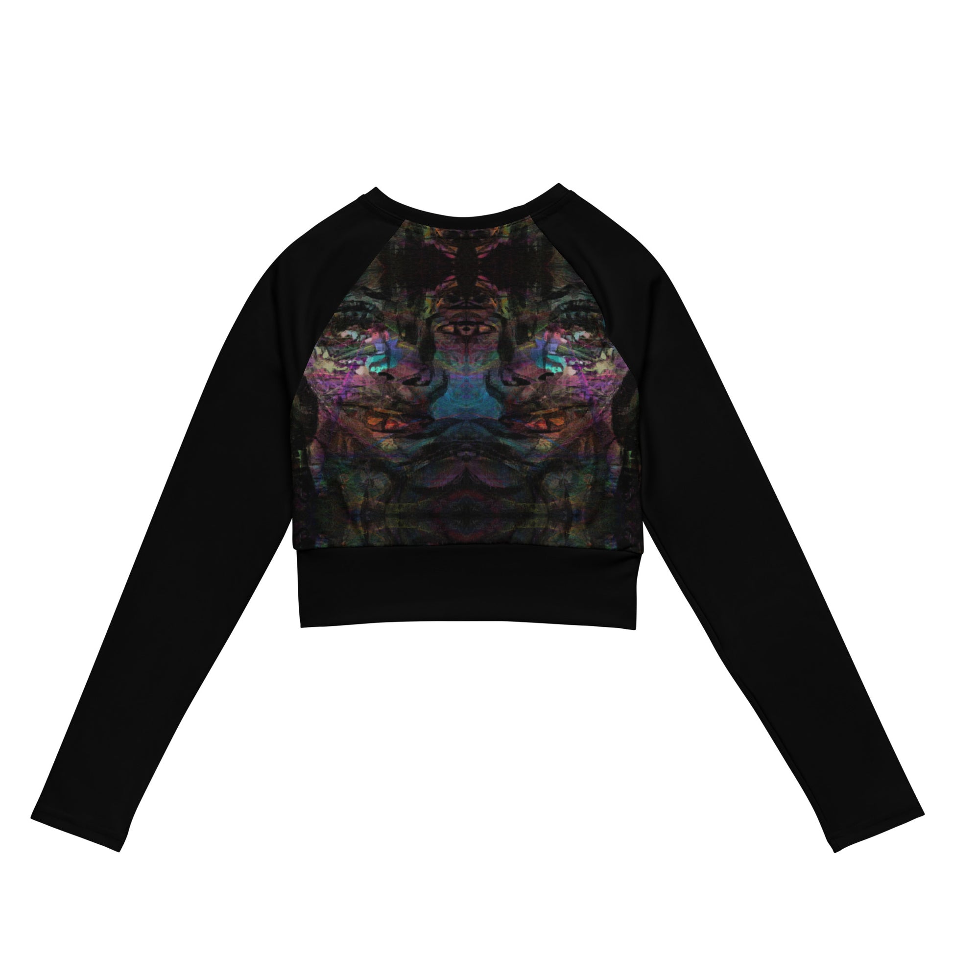 Abstract vibrant print women's long-sleeve crop top, featuring a double-layered waistband and UPF 50+ recycled fabric. Sustainable design by Hipyfi. back-4