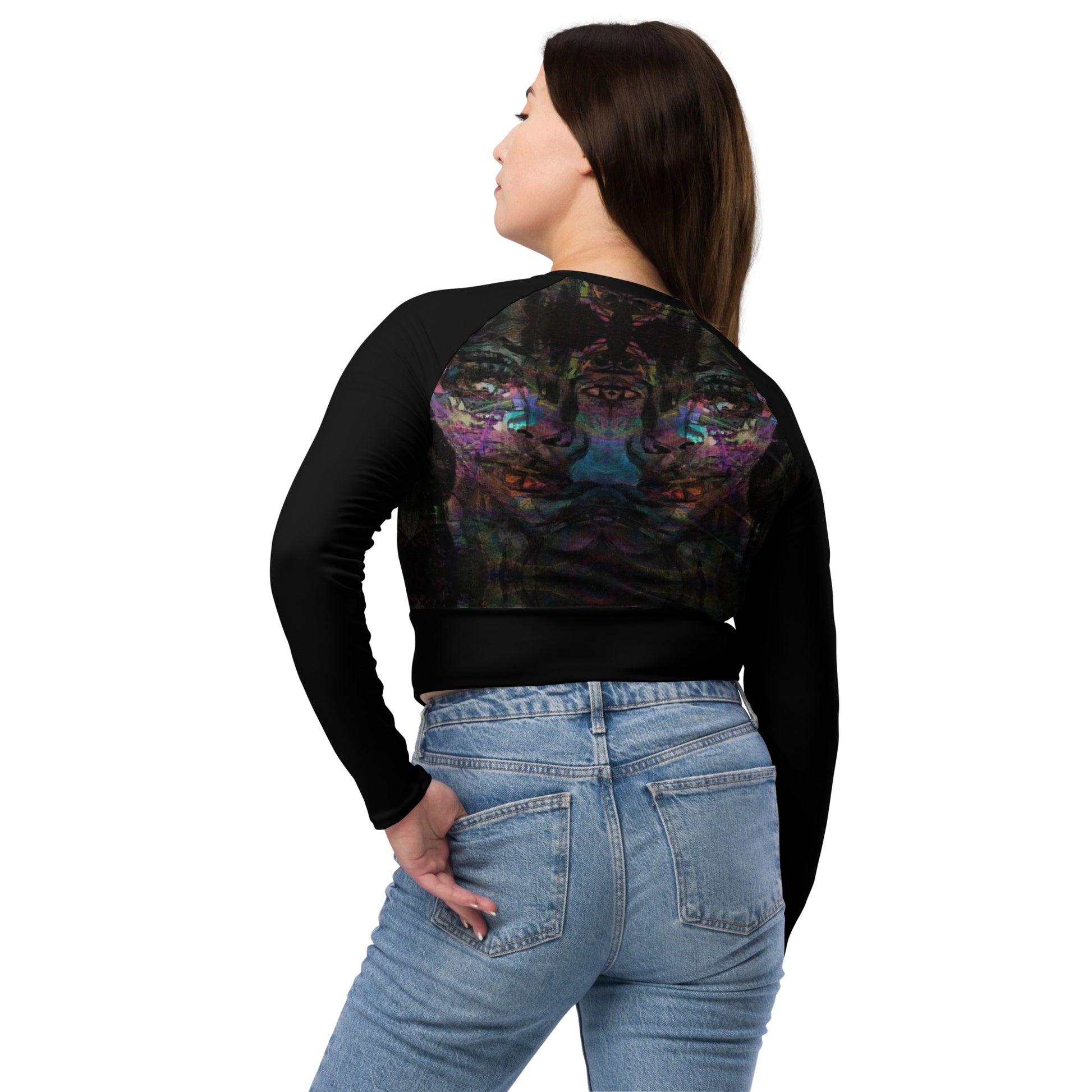 Abstract vibrant print women's long-sleeve crop top, featuring a double-layered waistband and UPF 50+ recycled fabric. Sustainable design by Hipyfi. back