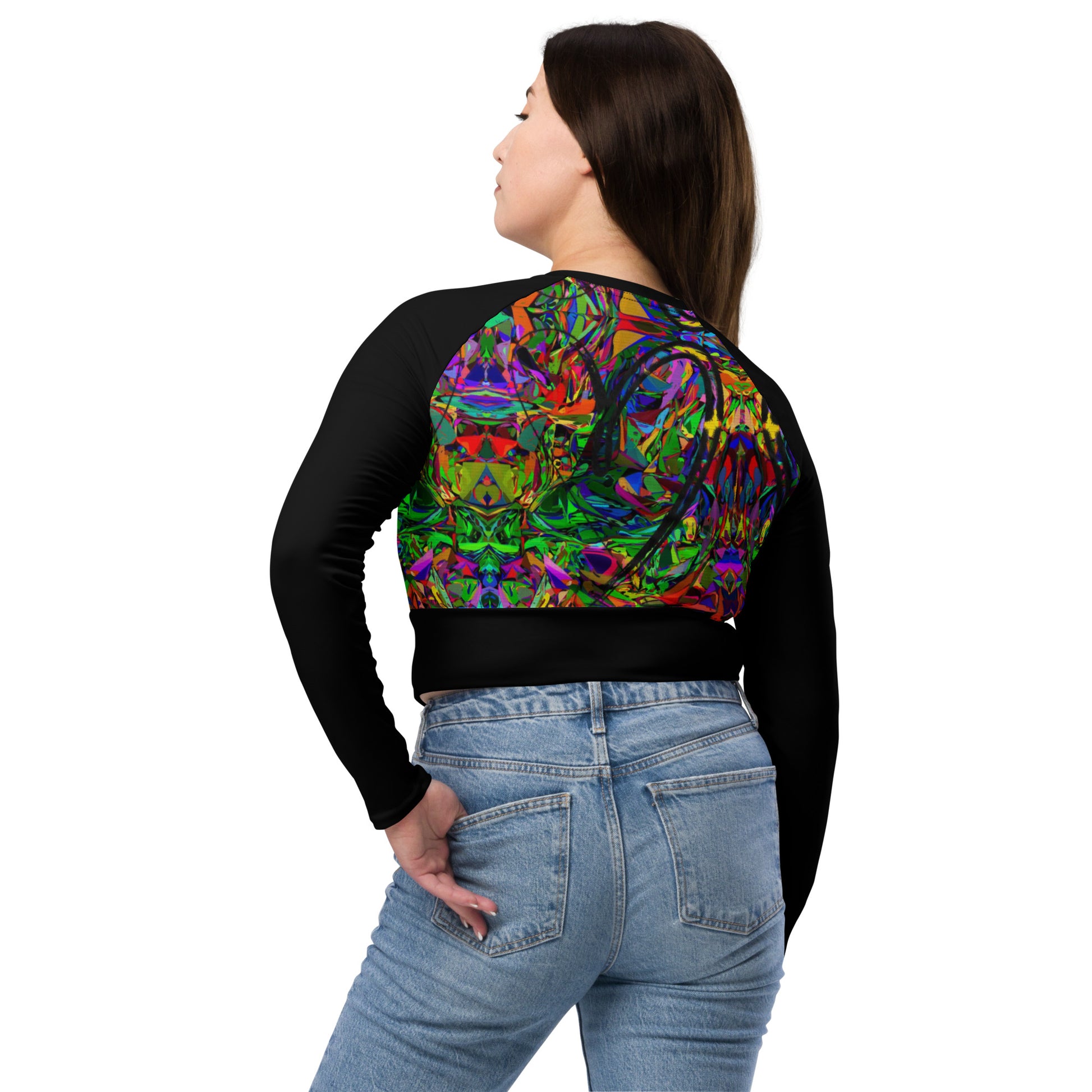 Women’s recycled long sleeve crop top with neon abstract art print – sustainable streetwear by Hipyfi Back