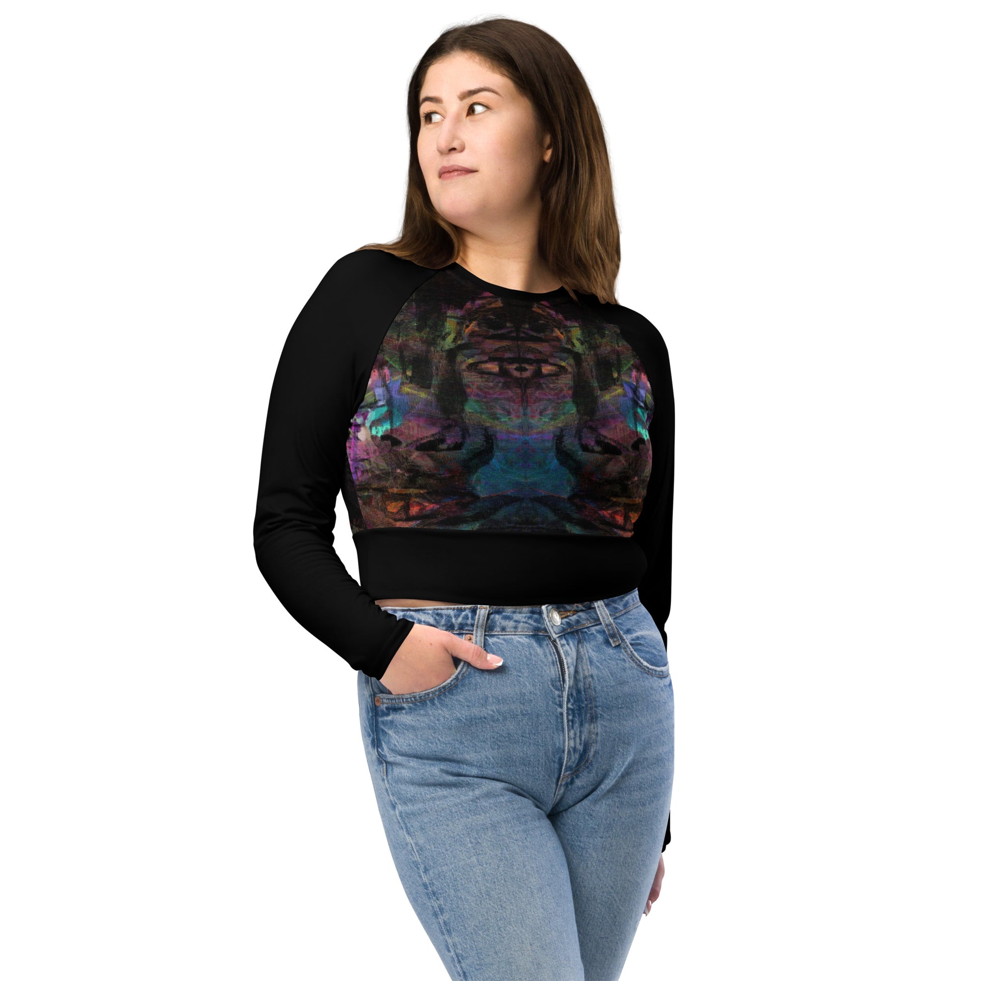 Abstract vibrant print women's long-sleeve crop top, featuring a double-layered waistband and UPF 50+ recycled fabric. Sustainable design by Hipyfi. front