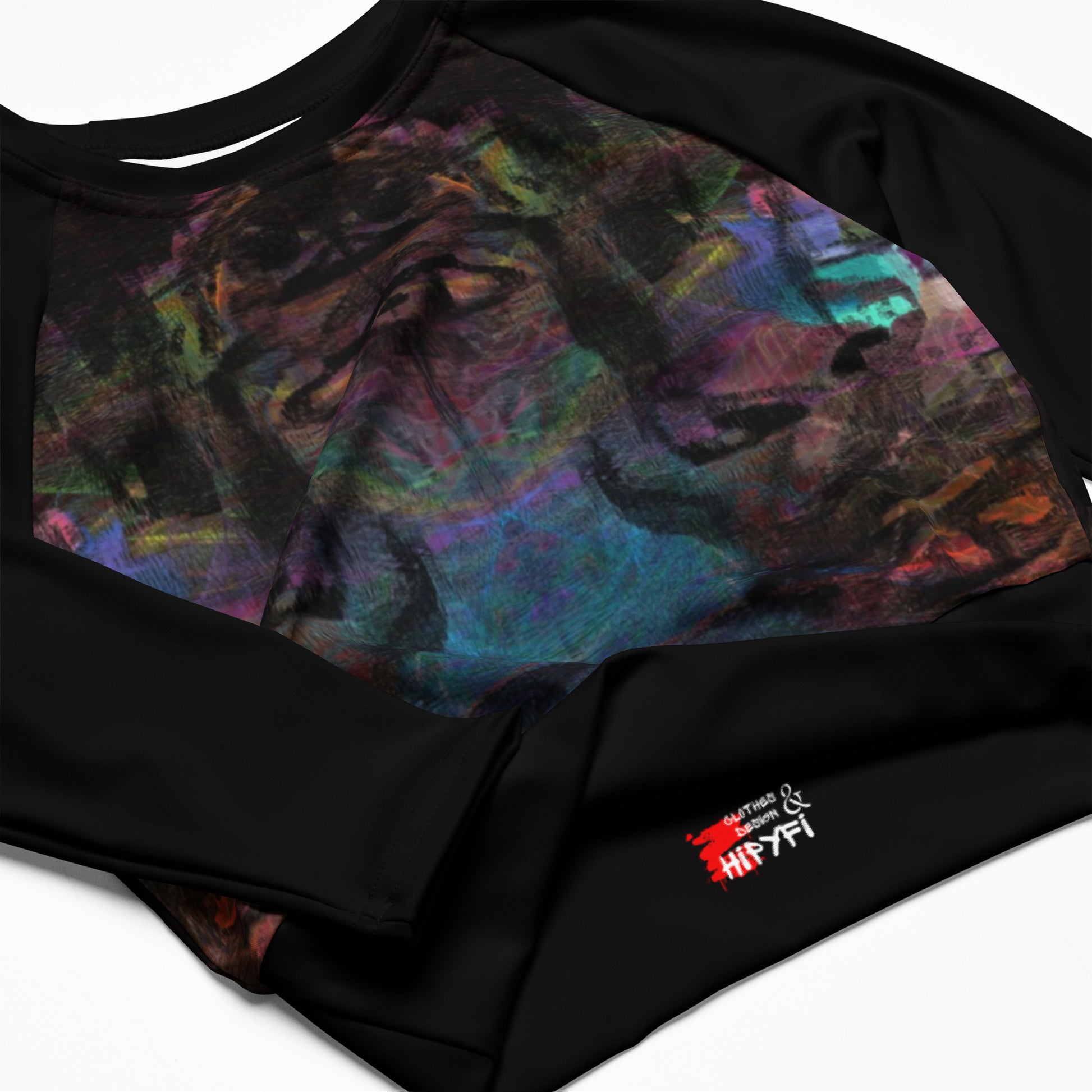 Abstract vibrant print women's long-sleeve crop top, featuring a double-layered waistband and UPF 50+ recycled fabric. Sustainable design by Hipyfi. product-details