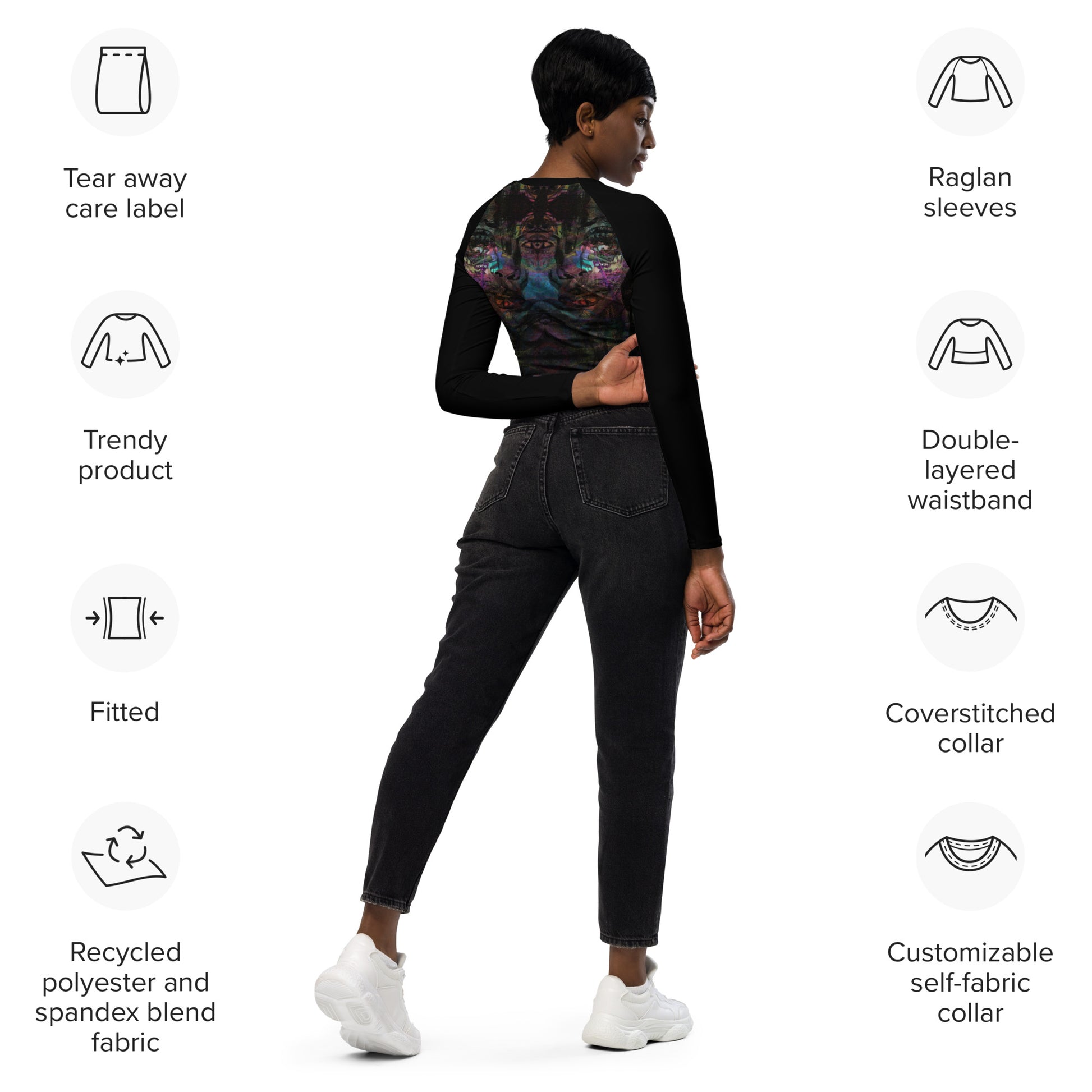 Abstract vibrant print women's long-sleeve crop top, featuring a double-layered waistband and UPF 50+ recycled fabric. Sustainable design by Hipyfi. product-info