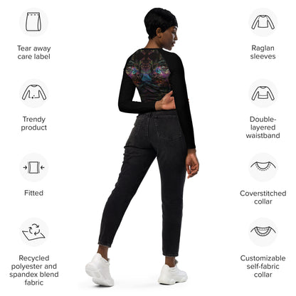 Abstract vibrant print women's long-sleeve crop top, featuring a double-layered waistband and UPF 50+ recycled fabric. Sustainable design by Hipyfi. product-info