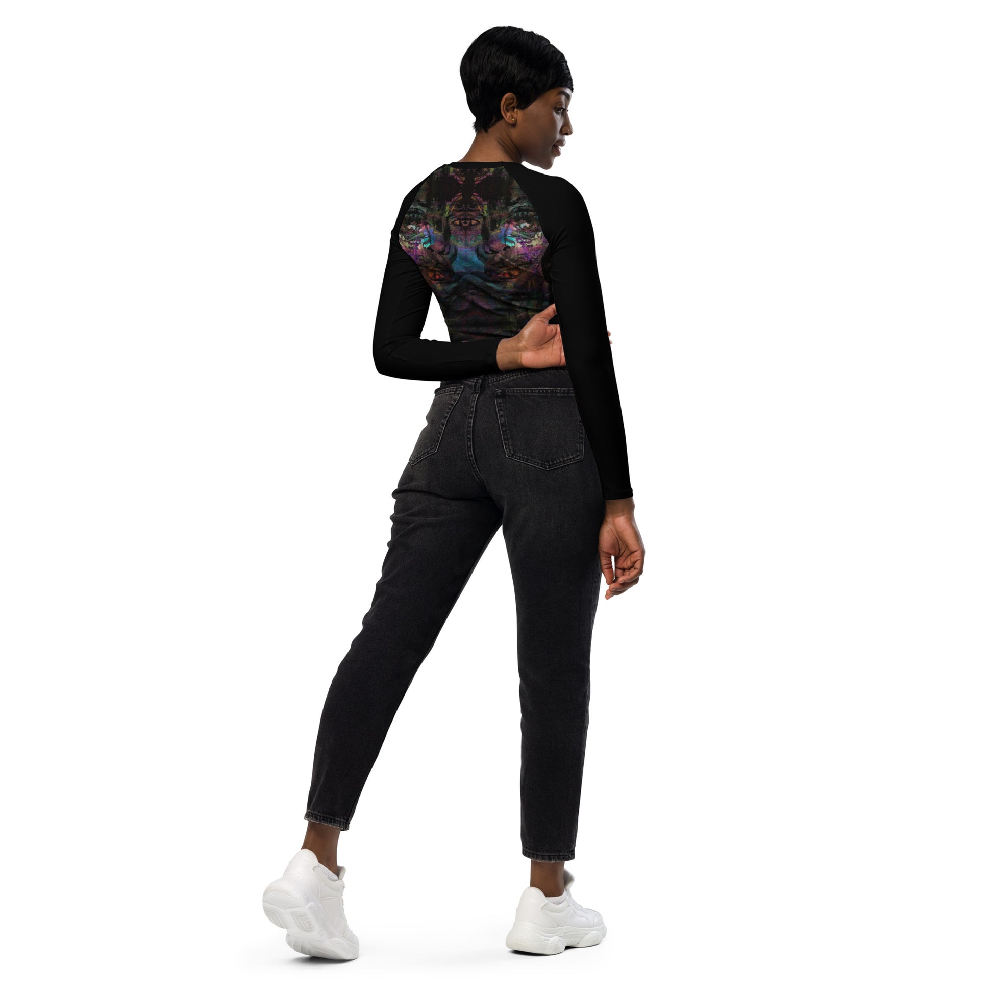 Abstract vibrant print women's long-sleeve crop top, featuring a double-layered waistband and UPF 50+ recycled fabric. Sustainable design by Hipyfi. right-back