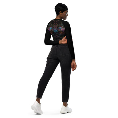 Abstract vibrant print women's long-sleeve crop top, featuring a double-layered waistband and UPF 50+ recycled fabric. Sustainable design by Hipyfi. right-back