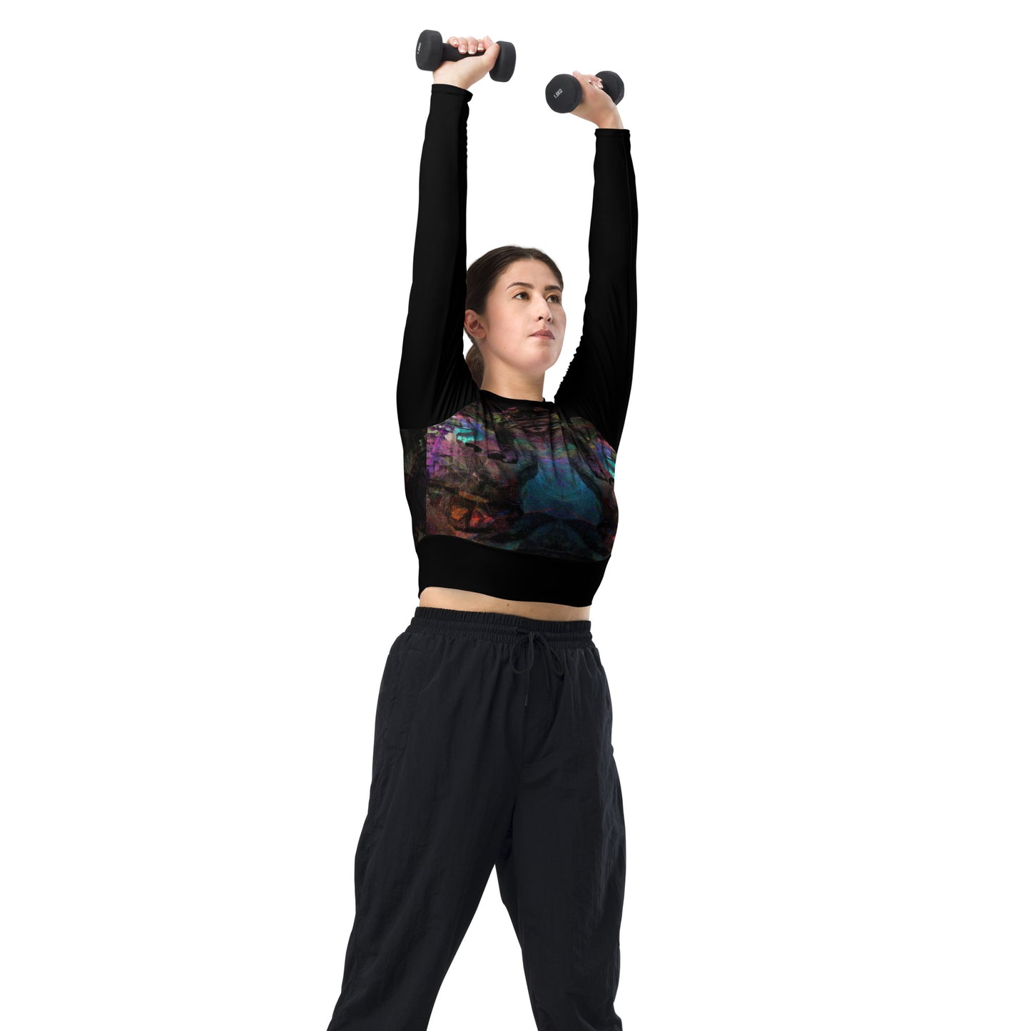 Abstract vibrant print women's long-sleeve crop top, featuring a double-layered waistband and UPF 50+ recycled fabric. Sustainable design by Hipyfi. right-front