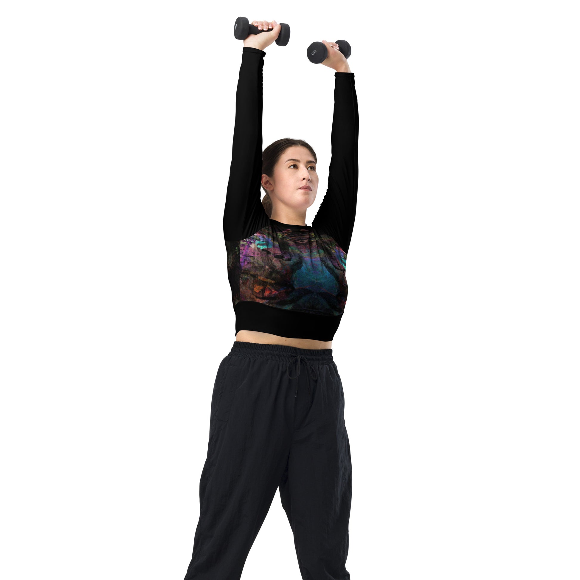 Abstract vibrant print women's long-sleeve crop top, featuring a double-layered waistband and UPF 50+ recycled fabric. Sustainable design by Hipyfi. right-front