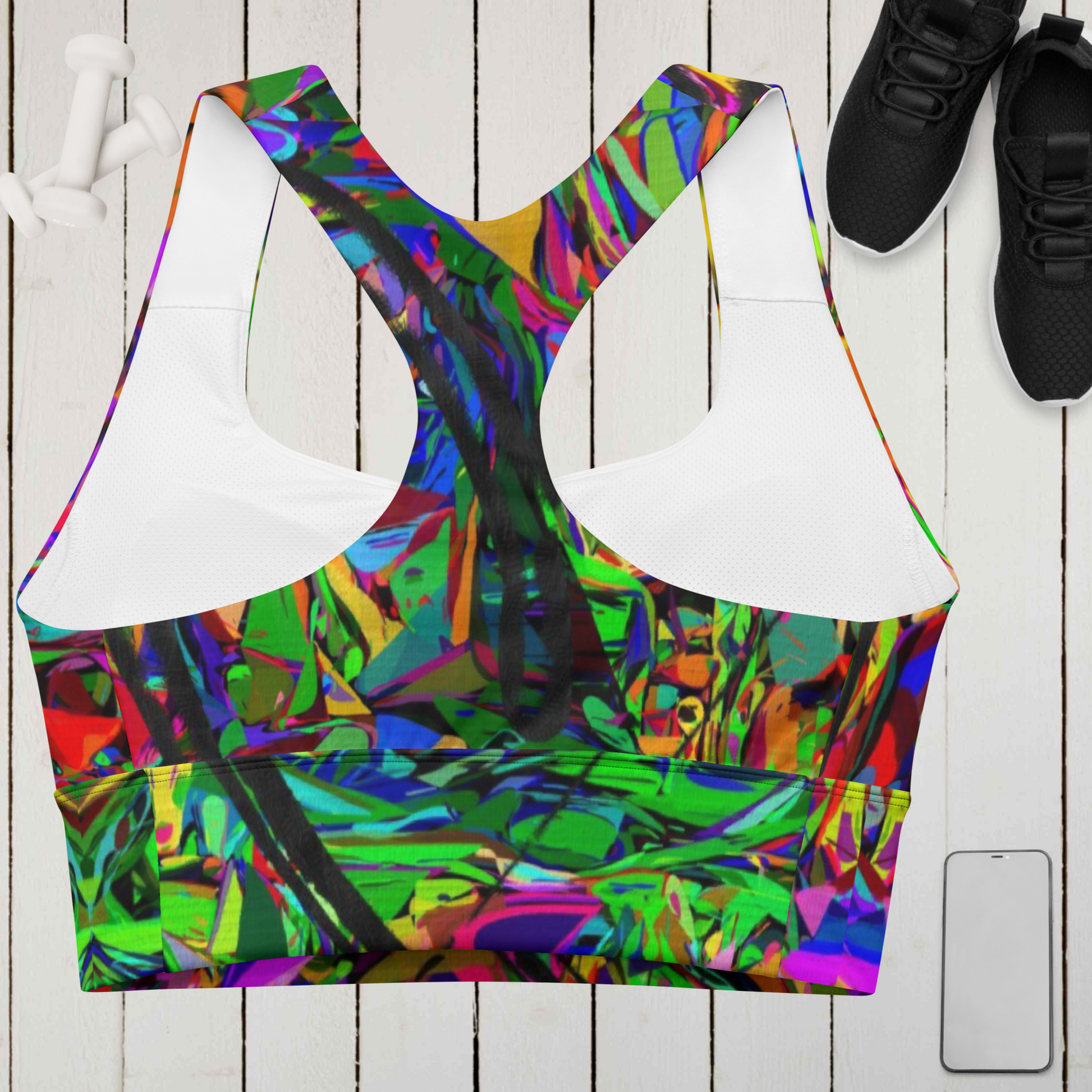 Neon Mythos recycled longline sports bra for women – vibrant abstract print, eco-friendly activewear by Hipyfi Back