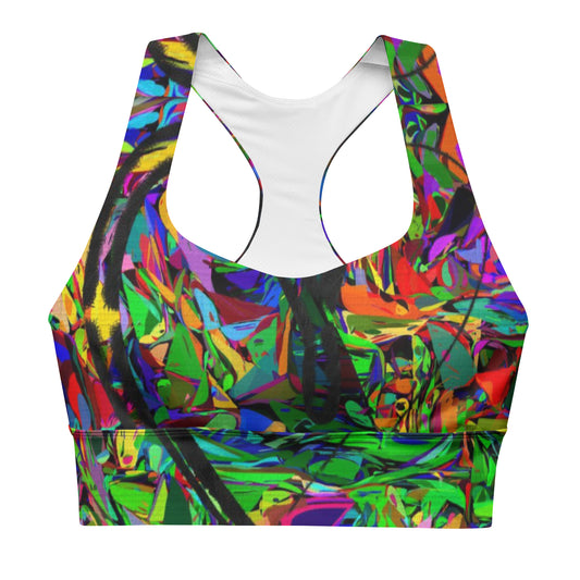 Neon Mythos recycled longline sports bra for women – vibrant abstract print, eco-friendly activewear by Hipyfi Front-2