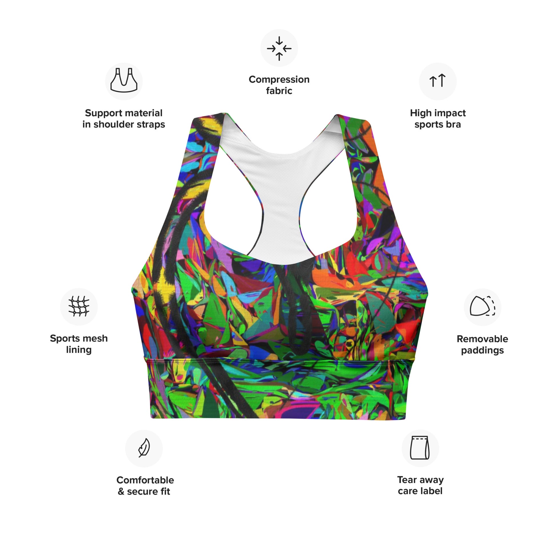 Neon Mythos recycled longline sports bra for women – vibrant abstract print, eco-friendly activewear by Hipyfi product-info