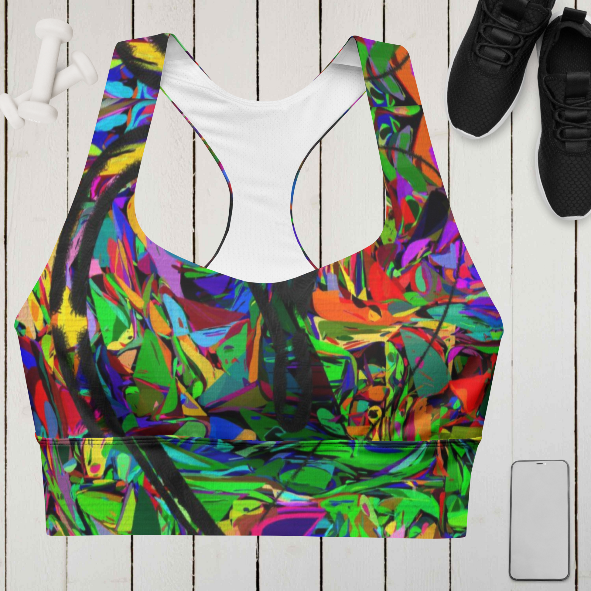 Neon Mythos recycled longline sports bra for women – vibrant abstract print, eco-friendly activewear by Hipyfi Front
