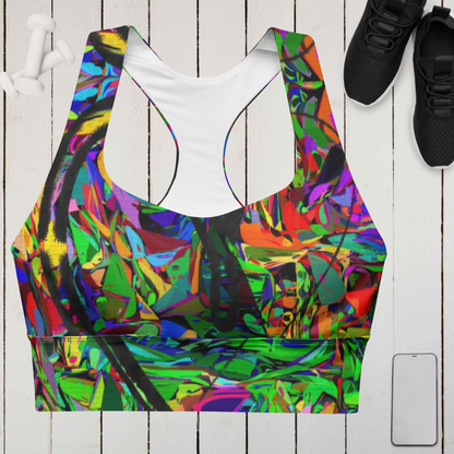 Neon Mythos recycled longline sports bra for women – vibrant abstract print, eco-friendly activewear by Hipyfi Front