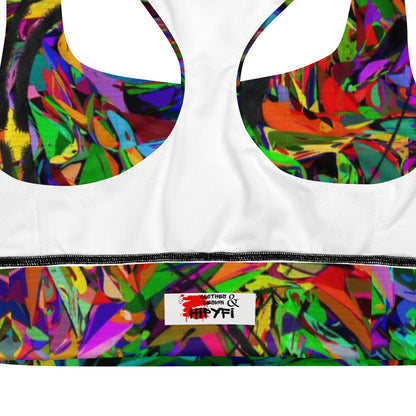 Neon Mythos recycled longline sports bra for women – vibrant abstract print, eco-friendly activewear by Hipyfi product-details