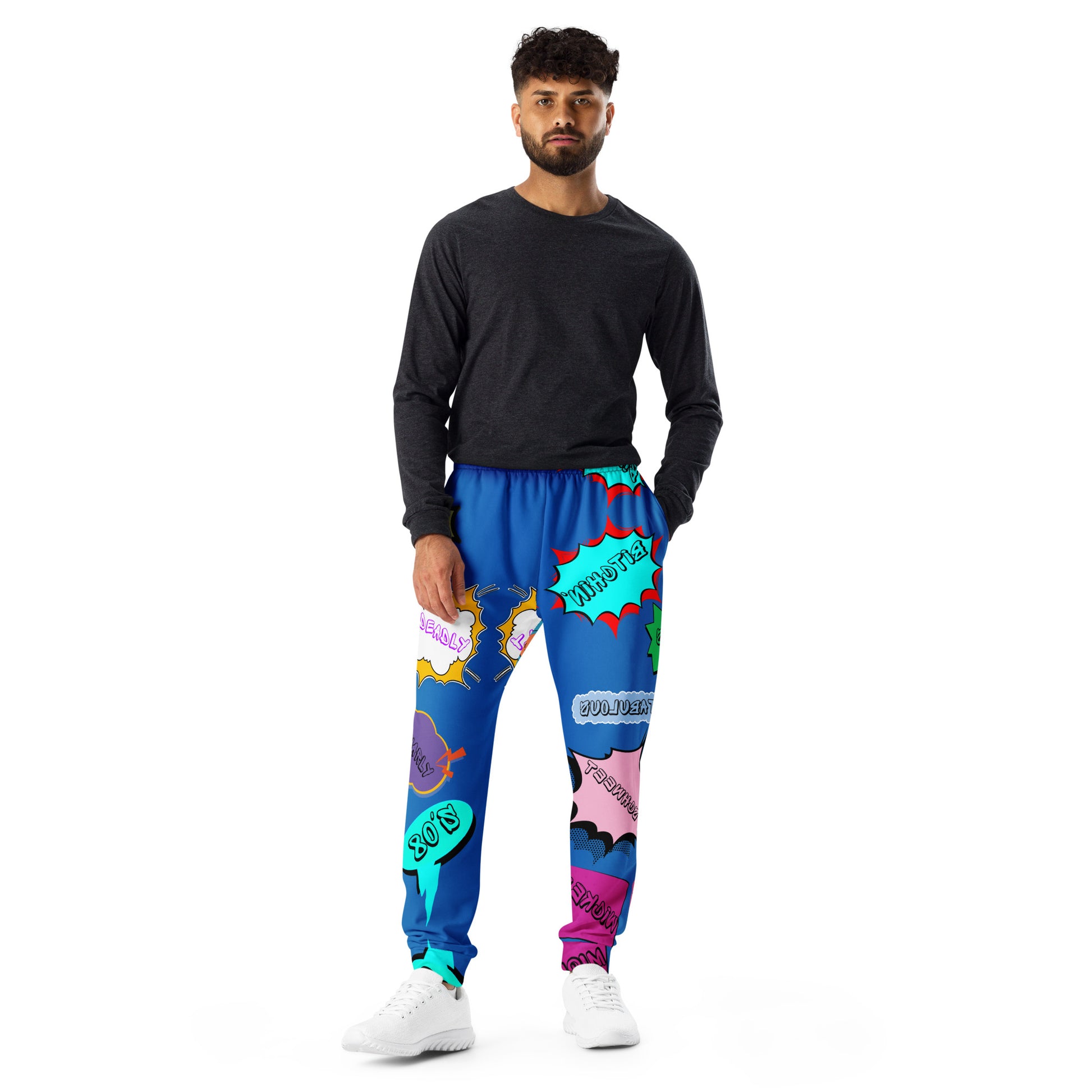 Hipyfi Retro Recycled Men’s Joggers – 80s Pop-Art Streetwear, Sustainable Fashion with Bold Graphic Design and Slim Fit. Front