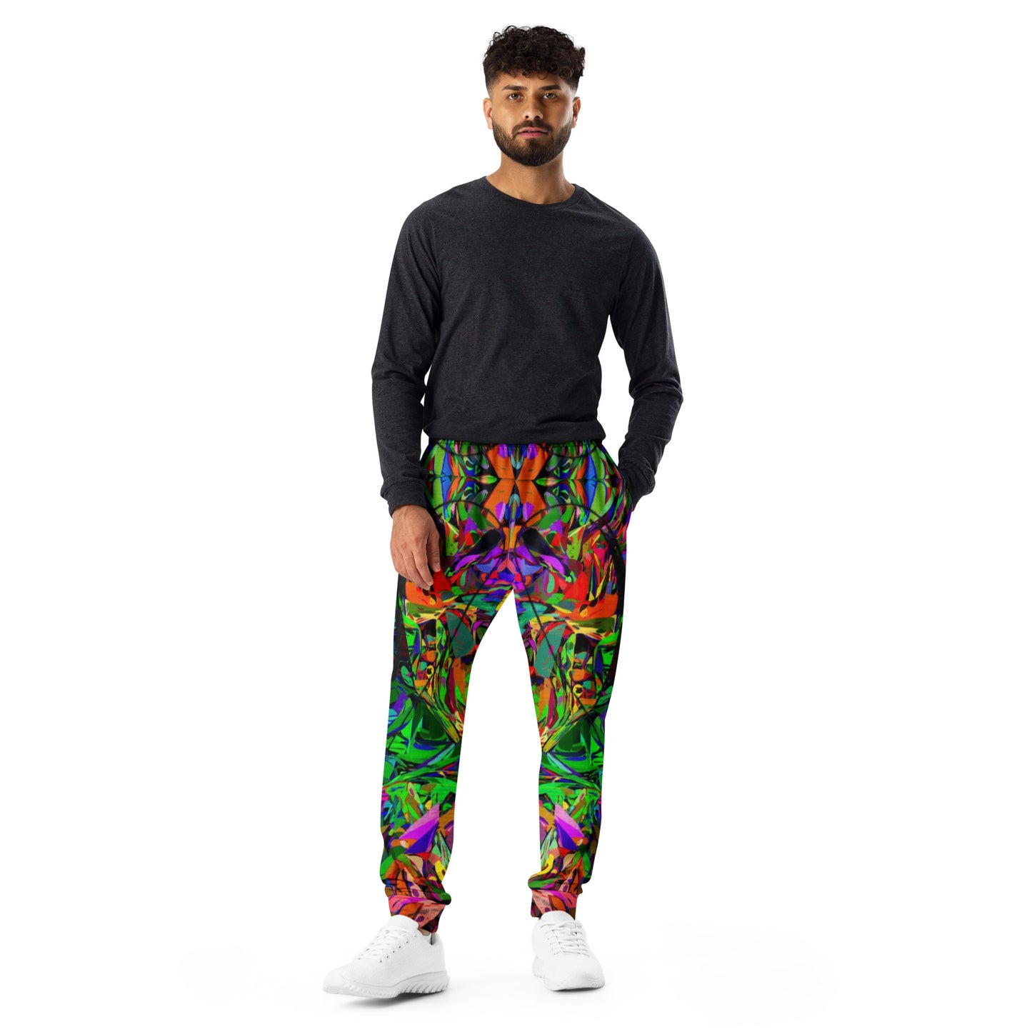 Neon Mythos Abstract Joggers for Men – Colorful, eco-friendly recycled streetwear with slim fit and vibrant graphic design by Hipyfi Clothes & Design. Front