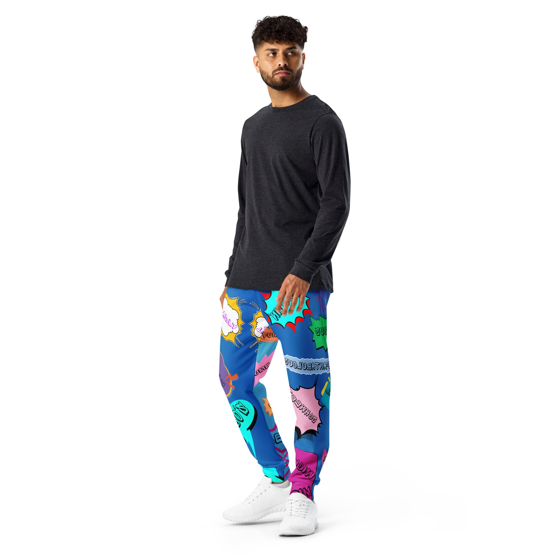 Hipyfi Retro Recycled Men’s Joggers – 80s Pop-Art Streetwear, Sustainable Fashion with Bold Graphic Design and Slim Fit. Left-2