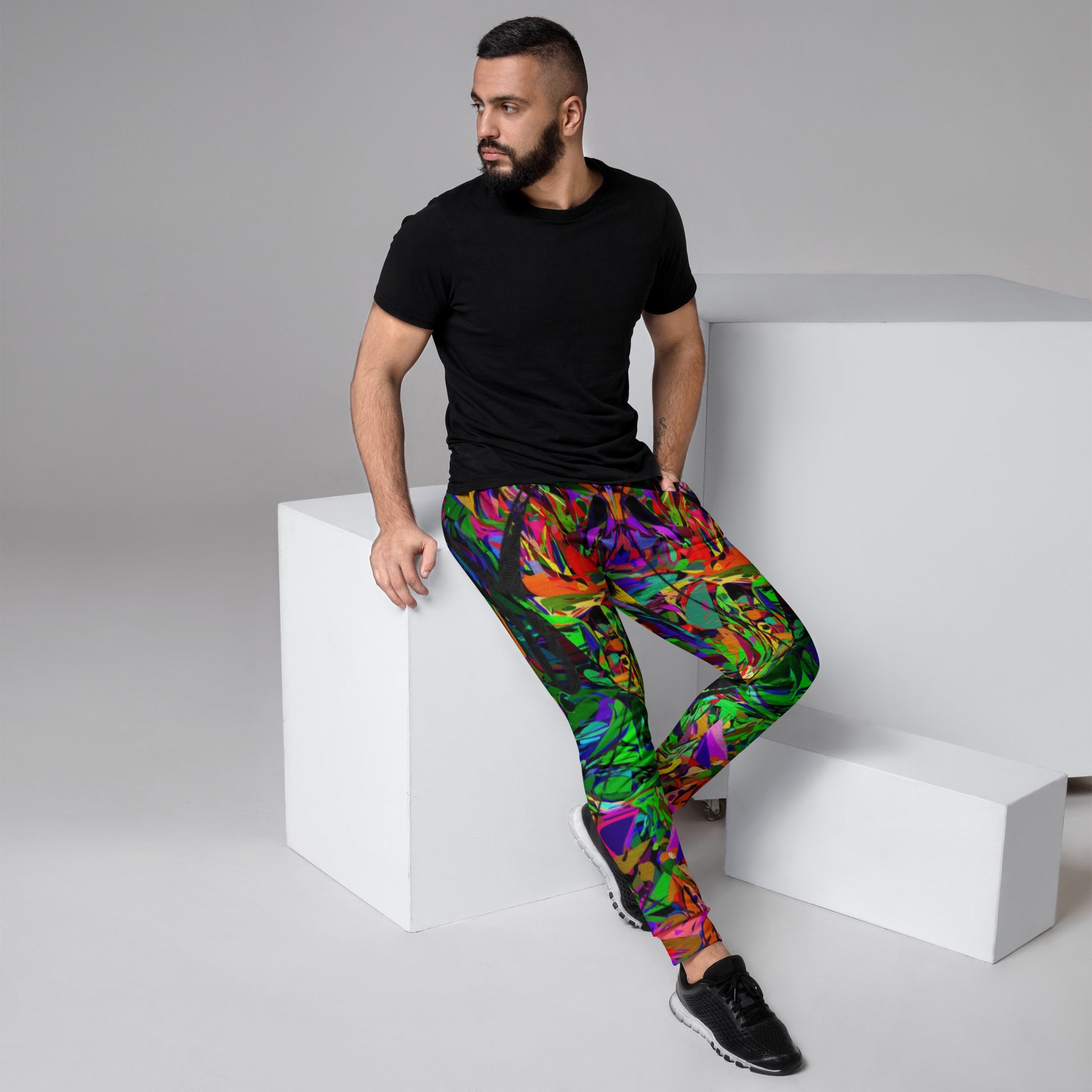 Neon Mythos Abstract Joggers for Men – Colorful, eco-friendly recycled streetwear with slim fit and vibrant graphic design by Hipyfi Clothes & Design. Right