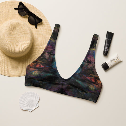 Hipyfi Chromatic Dreams Padded Bikini Top: Vibrant abstract-print recycled swim top for women. Eco-friendly and sustainable beachwear with artistic flair. front