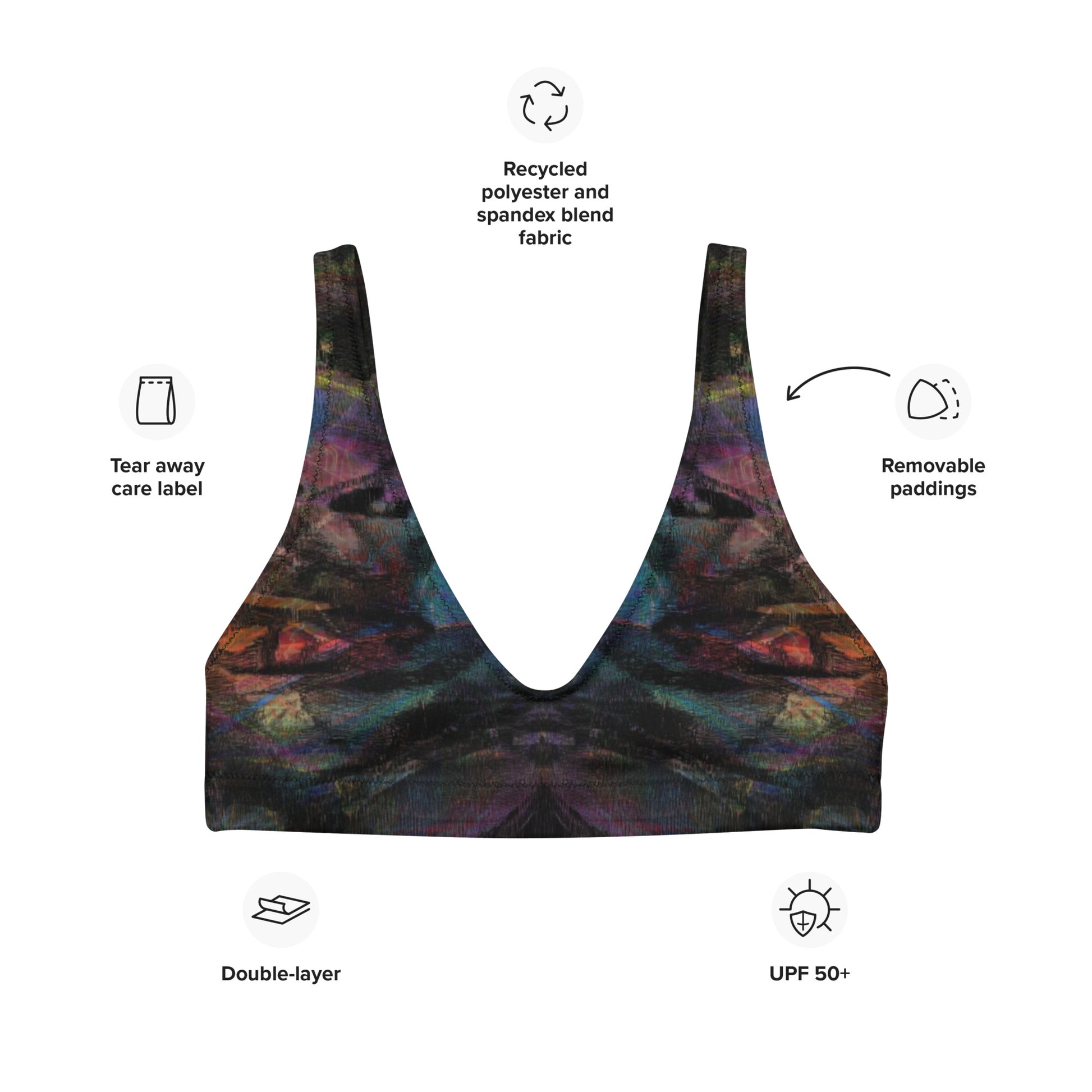 Hipyfi Chromatic Dreams Padded Bikini Top: Vibrant abstract-print recycled swim top for women. Eco-friendly and sustainable beachwear with artistic flair. product-info