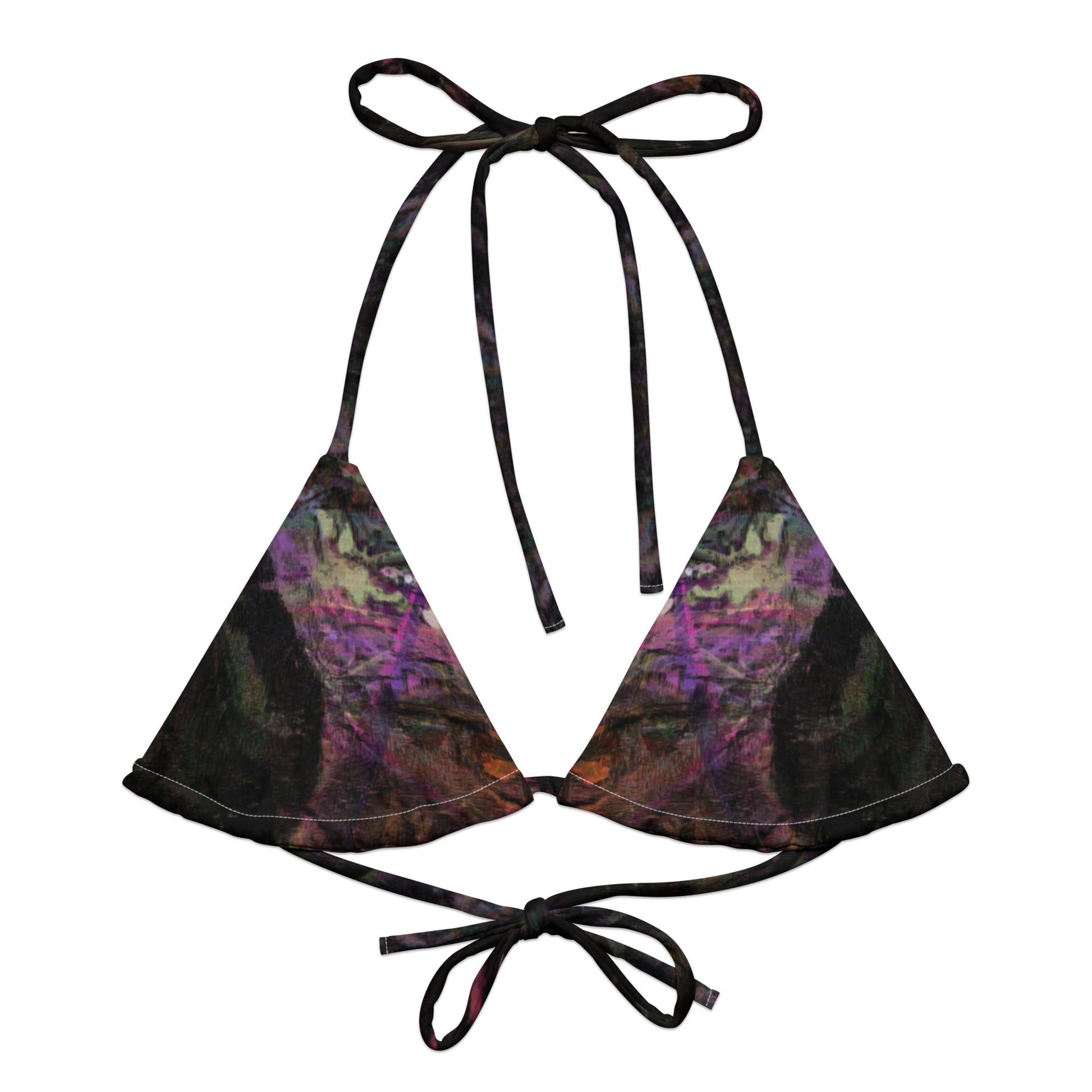 Hipyfi abstract women's Chromatic Dreams padded bikini top with vibrant design, UPF 50+ sun protection. Eco-friendly swimwear crafted from recycled materials. front