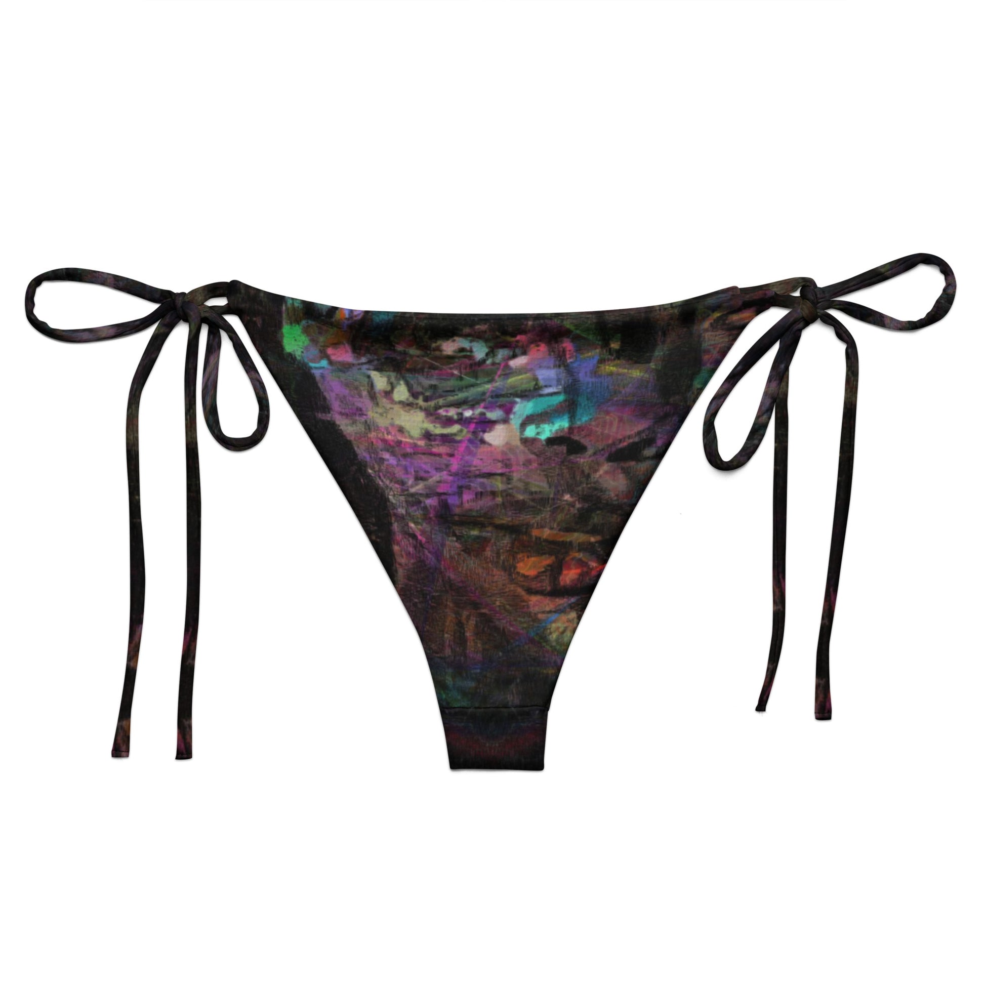 Chromatic Dreams Recycled String Bikini Bottom by Hipyfi: Vibrant abstract art design with Eco-friendly recycled polyester, adjustable ties, UPF 50+ sun protection. back