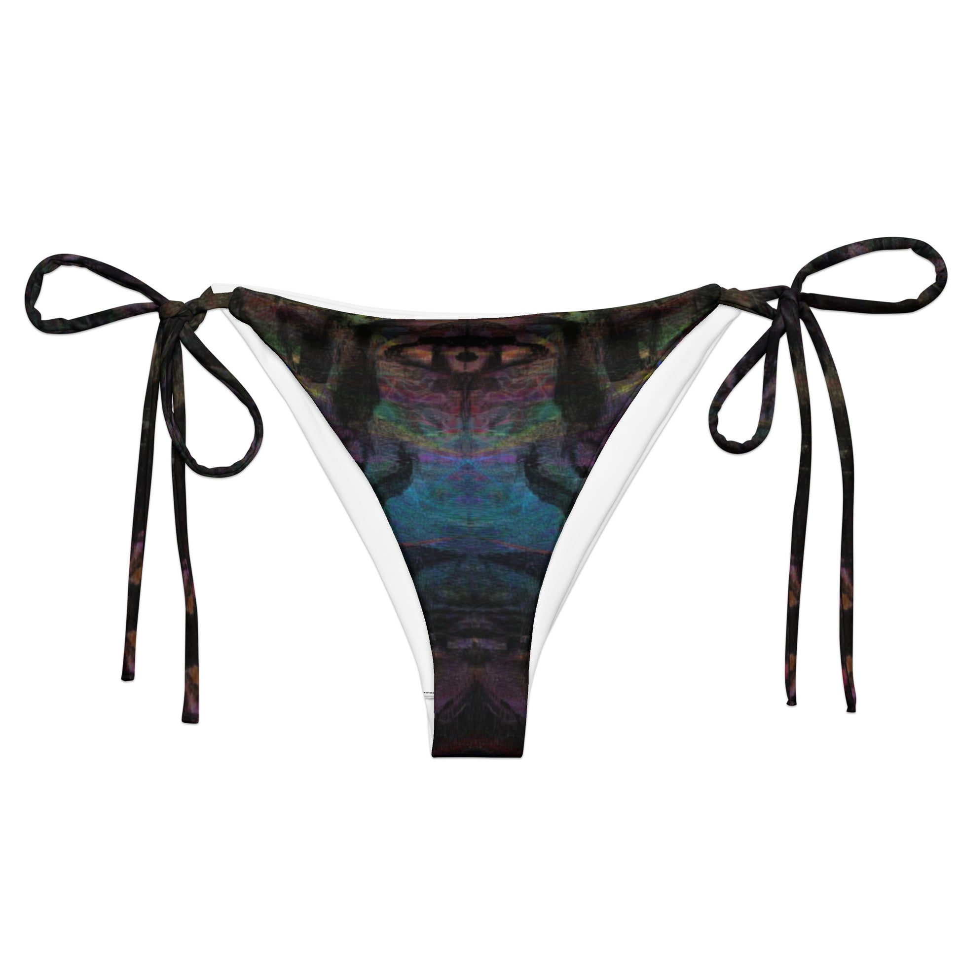 Chromatic Dreams Recycled String Bikini Bottom by Hipyfi: Vibrant abstract art design with Eco-friendly recycled polyester, adjustable ties, UPF 50+ sun protection. front-2