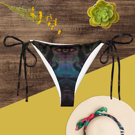 Chromatic Dreams Recycled String Bikini Bottom by Hipyfi: Vibrant abstract art design with Eco-friendly recycled polyester, adjustable ties, UPF 50+ sun protection. front 