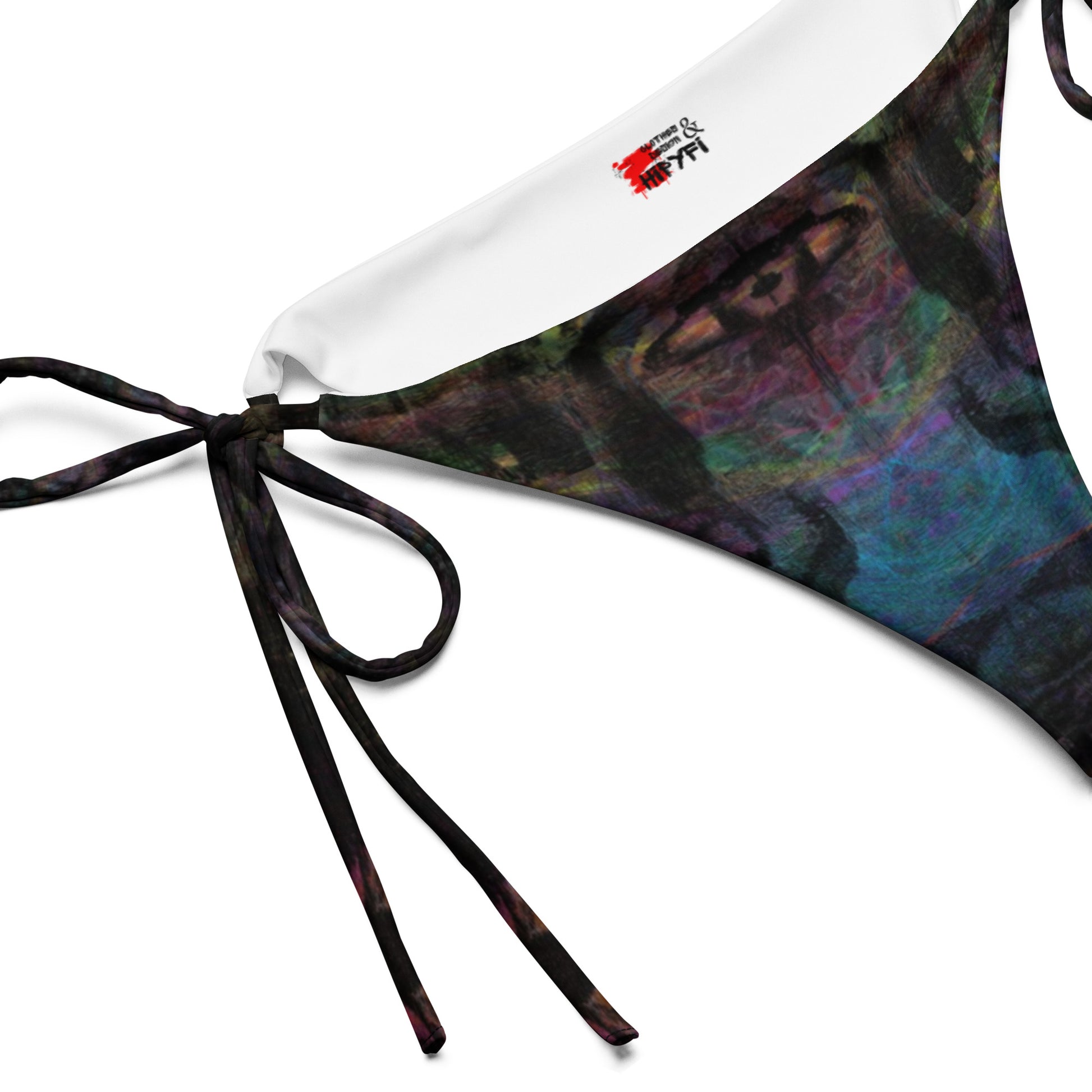 Chromatic Dreams Recycled String Bikini Bottom by Hipyfi: Vibrant abstract art design with Eco-friendly recycled polyester, adjustable ties, UPF 50+ sun protection. product-details