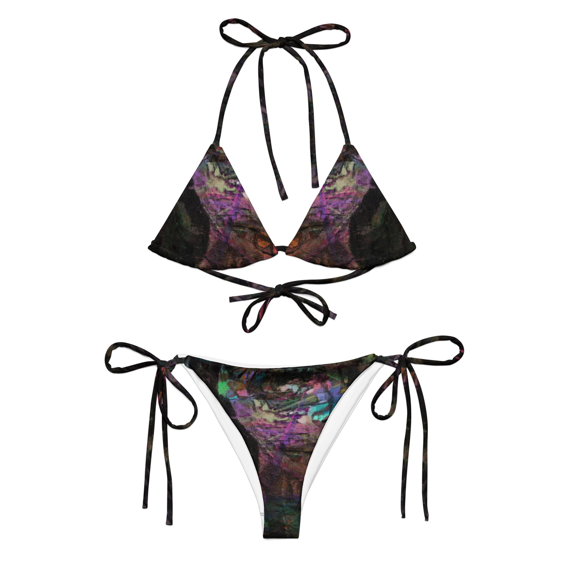 Vibrant abstract recycled bikini, UPF 50+, and eco-friendly materials. Hipyfi Chromatic Dreams sustainable swimwear for women. front-2