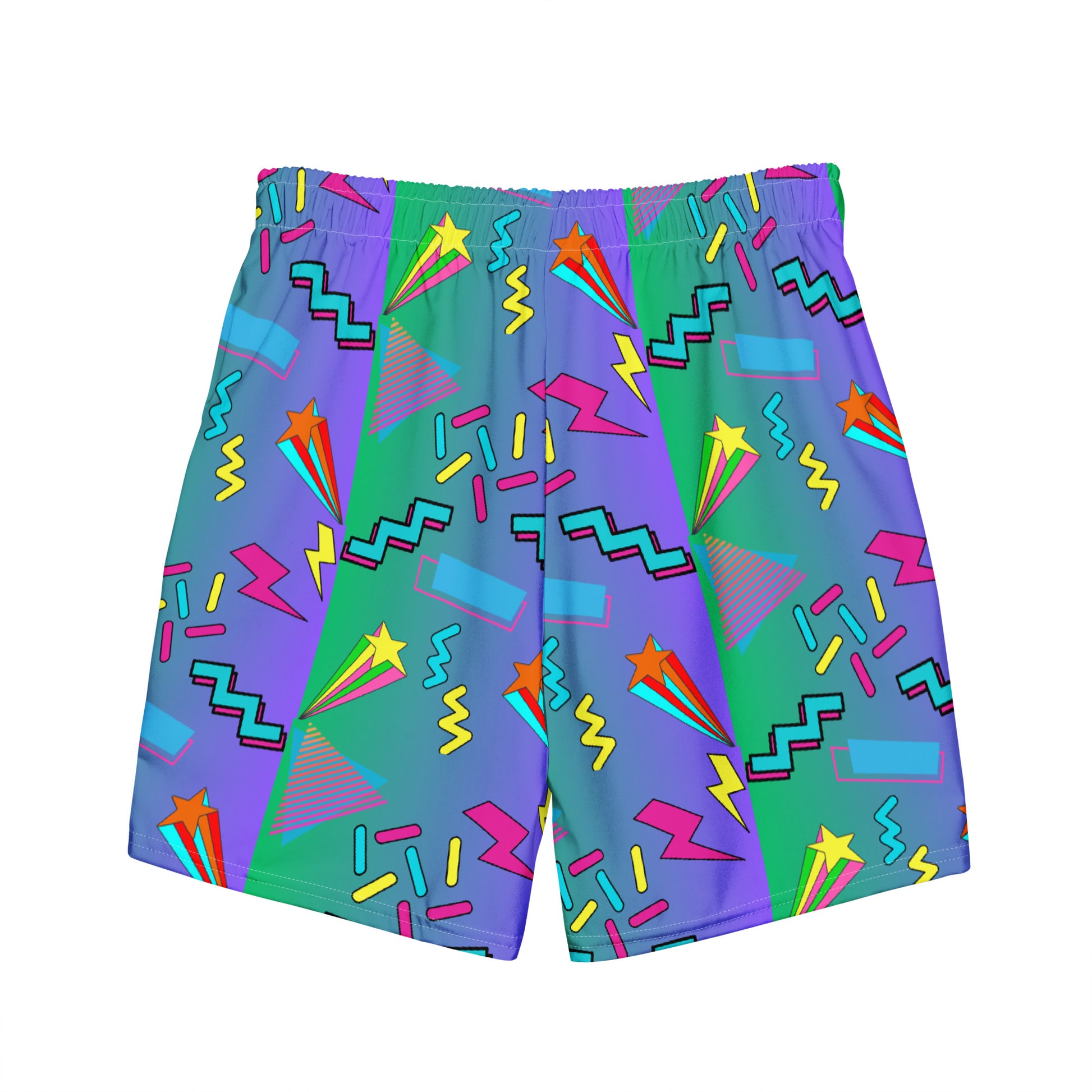 Hipyfi eco-friendly recycled swim trunks with 80s Memphis design, retro neon pattern, and sustainable fabric Back-2