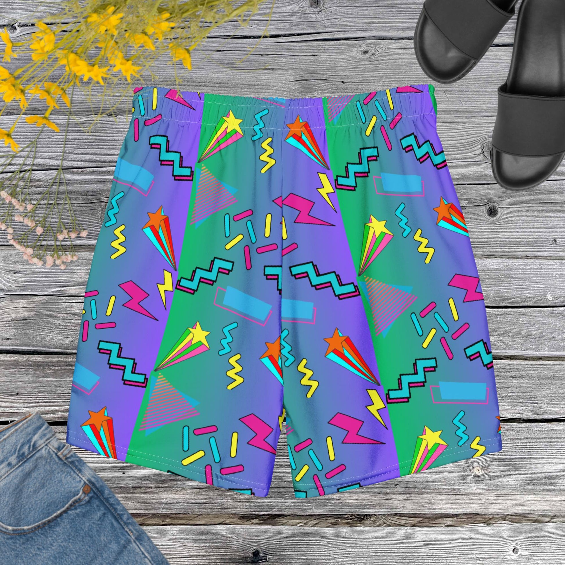Hipyfi eco-friendly recycled swim trunks with 80s Memphis design, retro neon pattern, and sustainable fabric Back